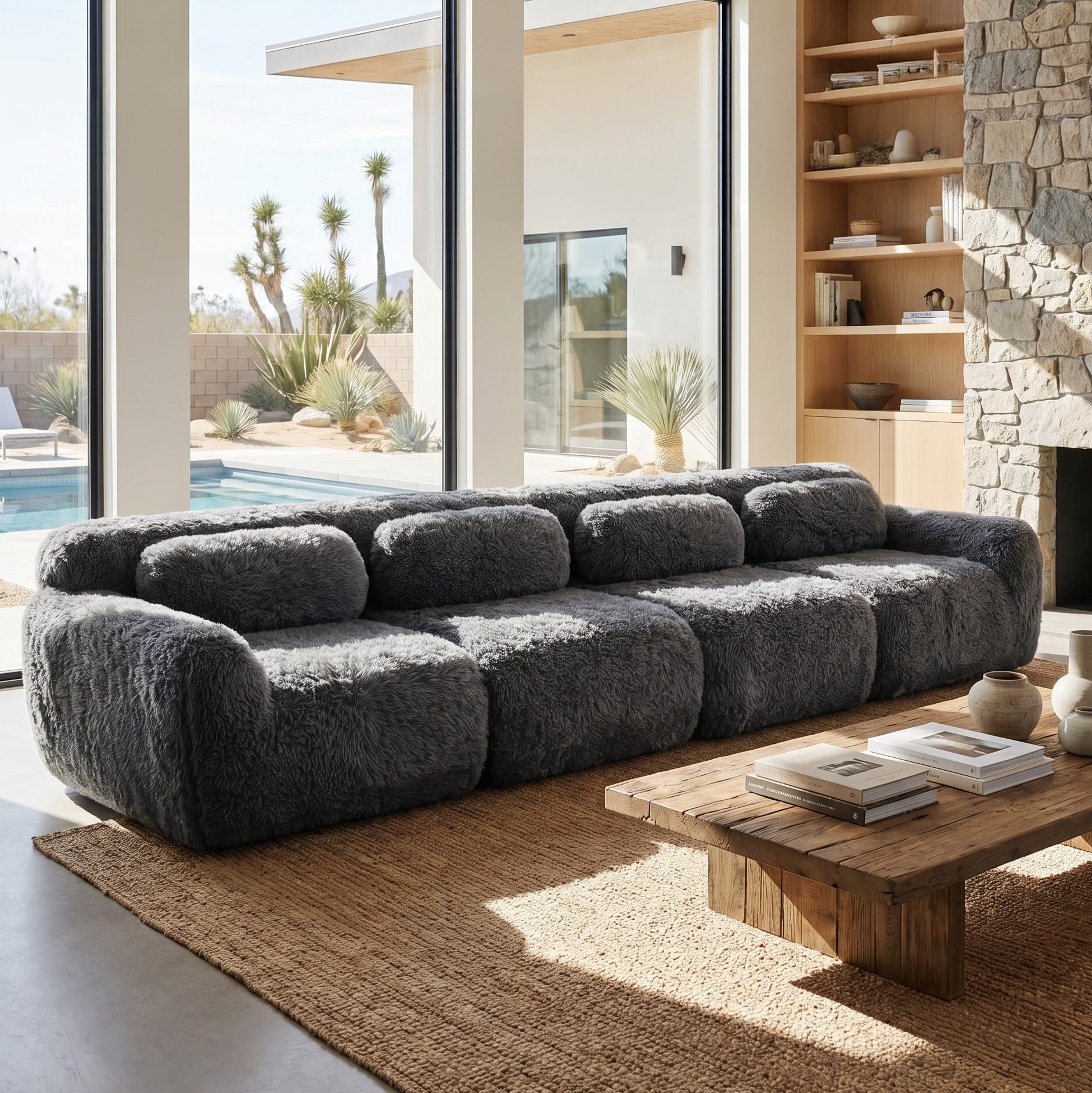 Durham dark grey modular plush sofa showing modern living room setup with floor to ceiling windows