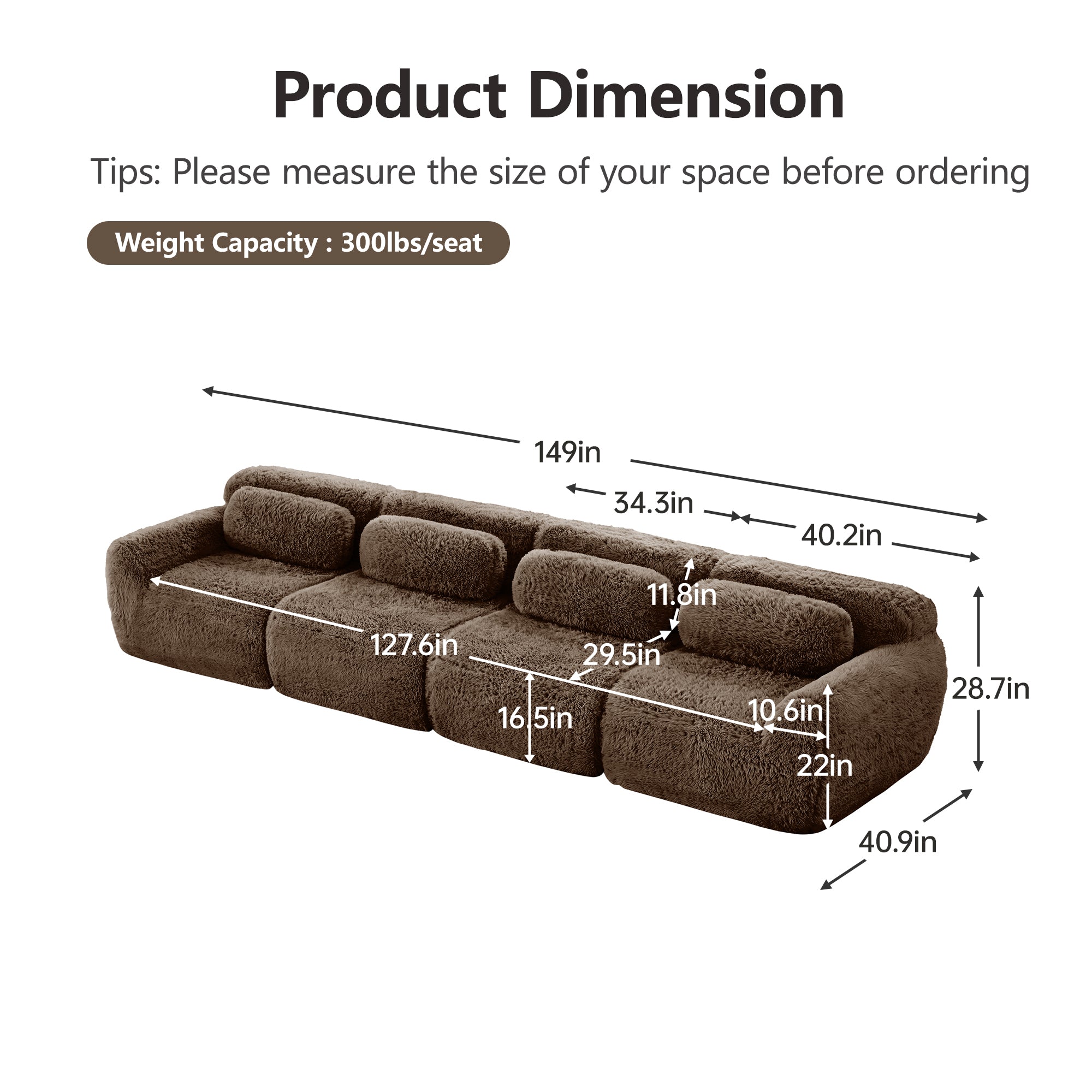 Durham dark brown modular plush sofa showing product dimensions and weight capacity chart