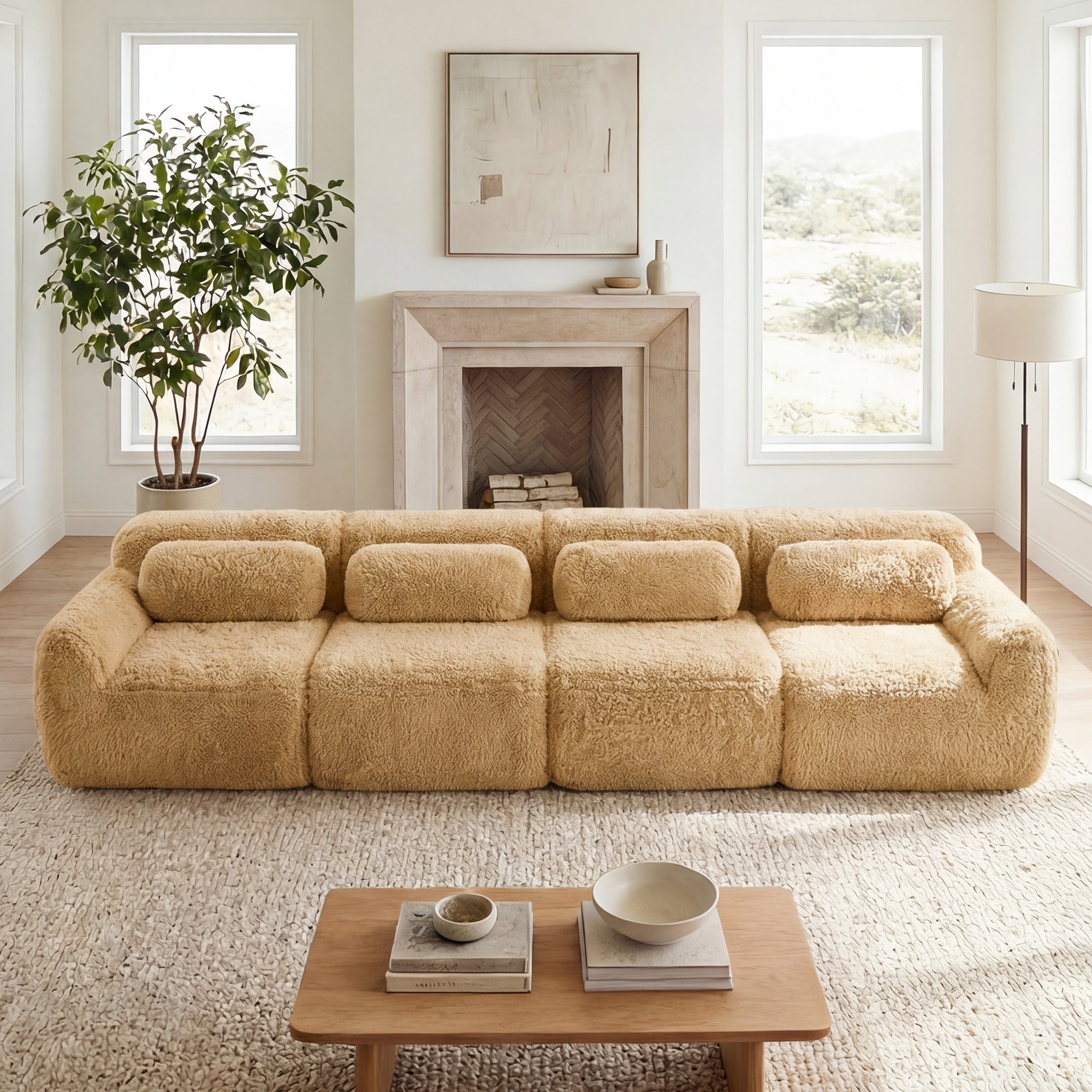 Durham light khaki modular plush sofa styled in bright modern living room with fireplace