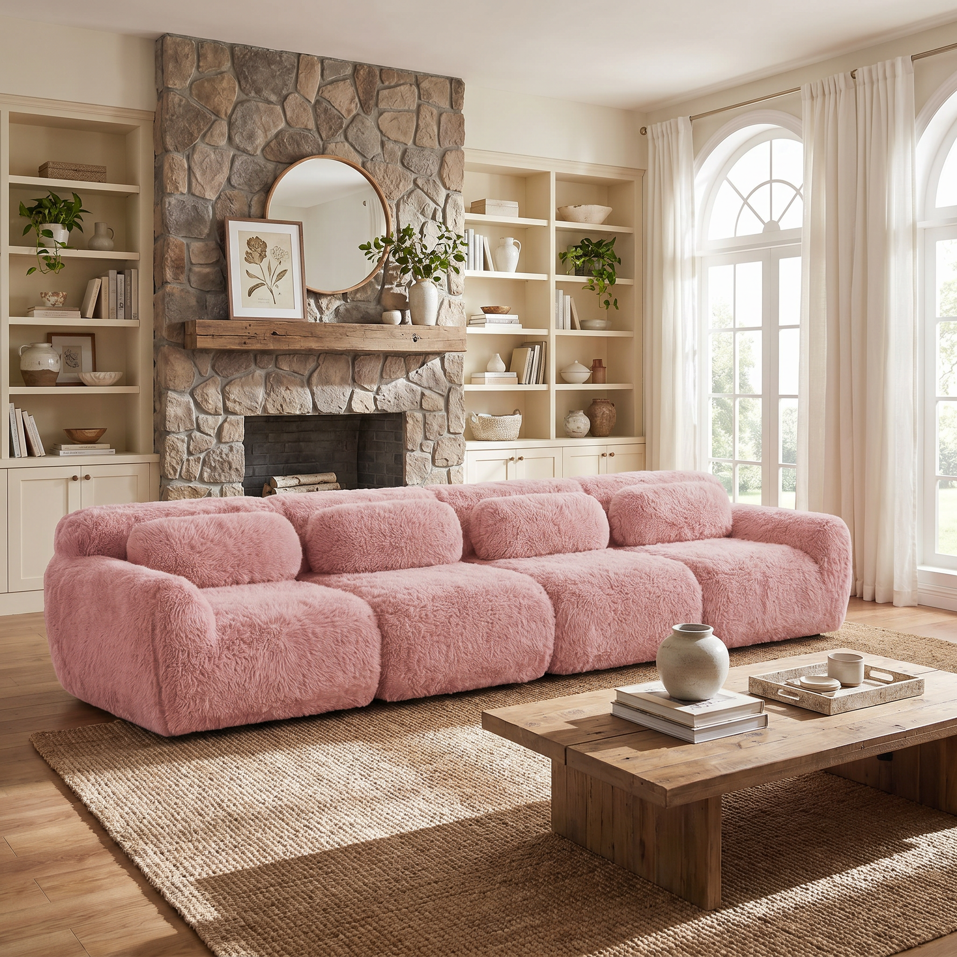 Durham pink modular plush sofa styled in a cozy living room with fireplace and wood coffee table