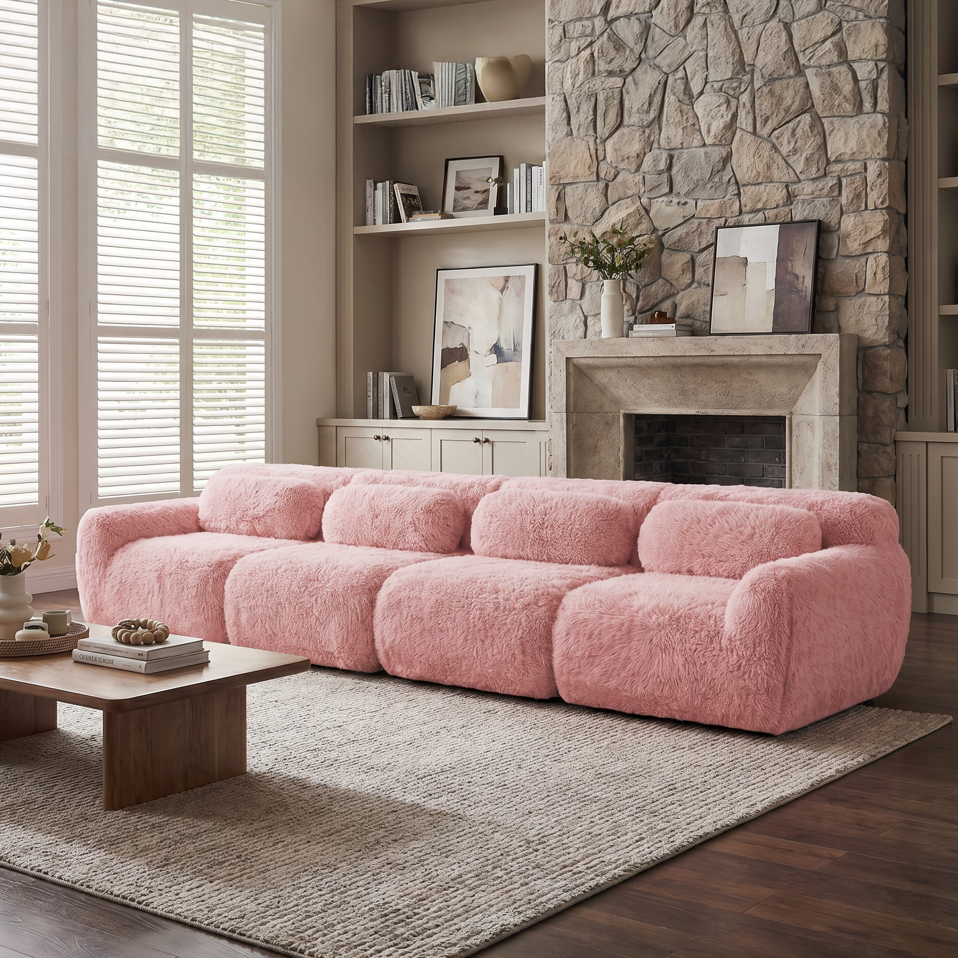 Durham pink modular plush sofa showing ergonomic seating design in modern farmhouse living room