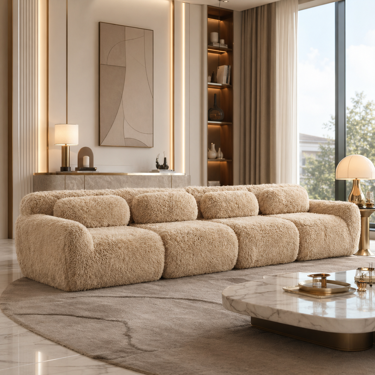 Durham khaki plush sofa styled in a modern luxury living room with warm ambient lighting and marble coffee table