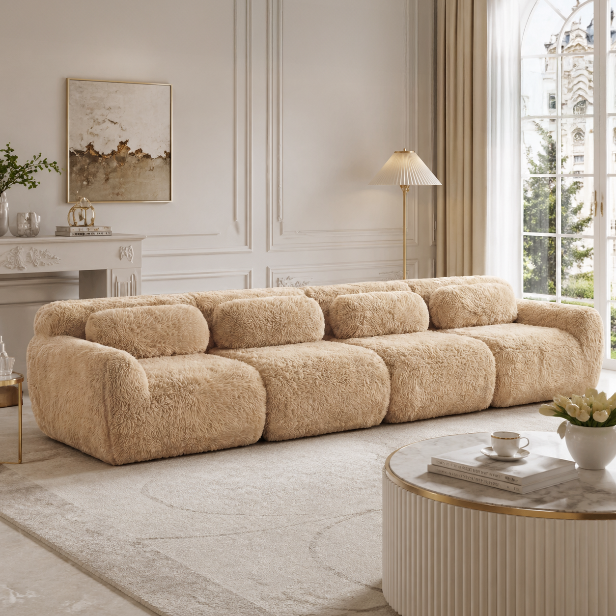 Durham khaki plush sofa featured in an elegant neutral living room with soft natural daylight
