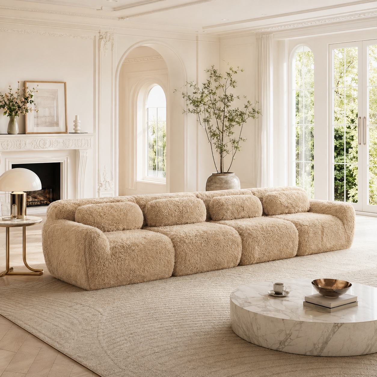 Durham khaki modular plush sofa placed in a bright luxury living room with arched windows and marble coffee table