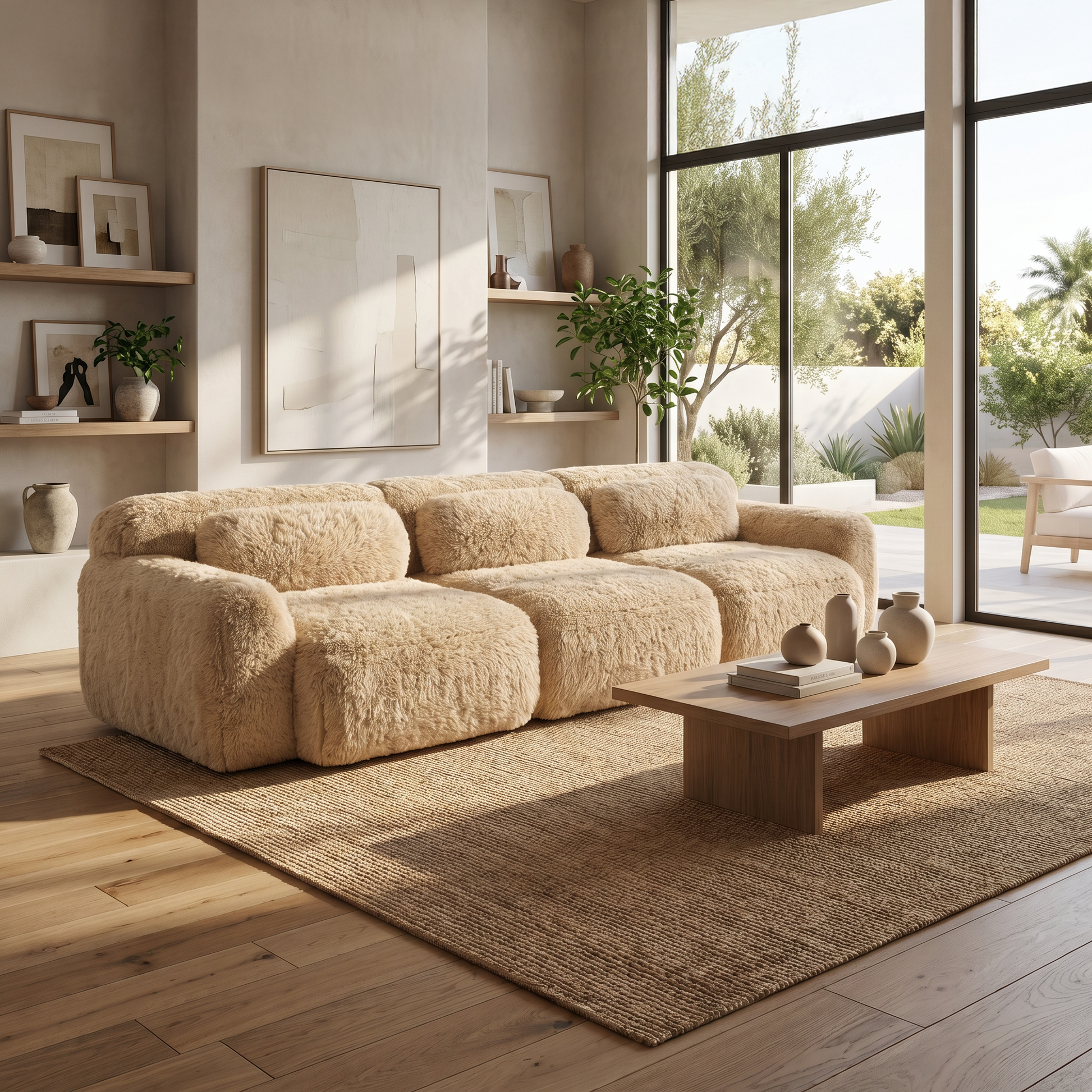 Durham beige sectional sofa showing bright modern living room setup with plush seating
