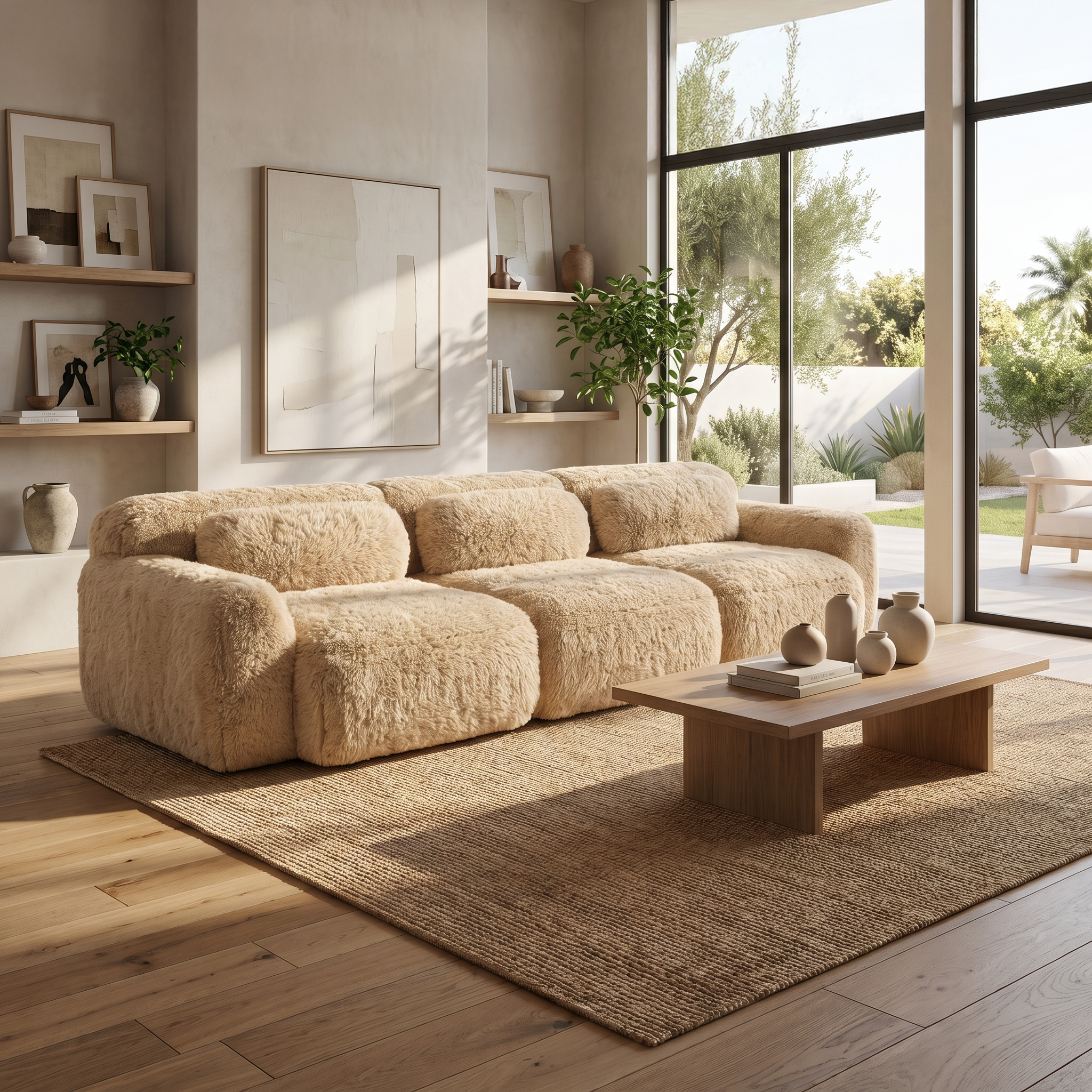 Durham beige sectional sofa showing bright modern living room setup with plush seating