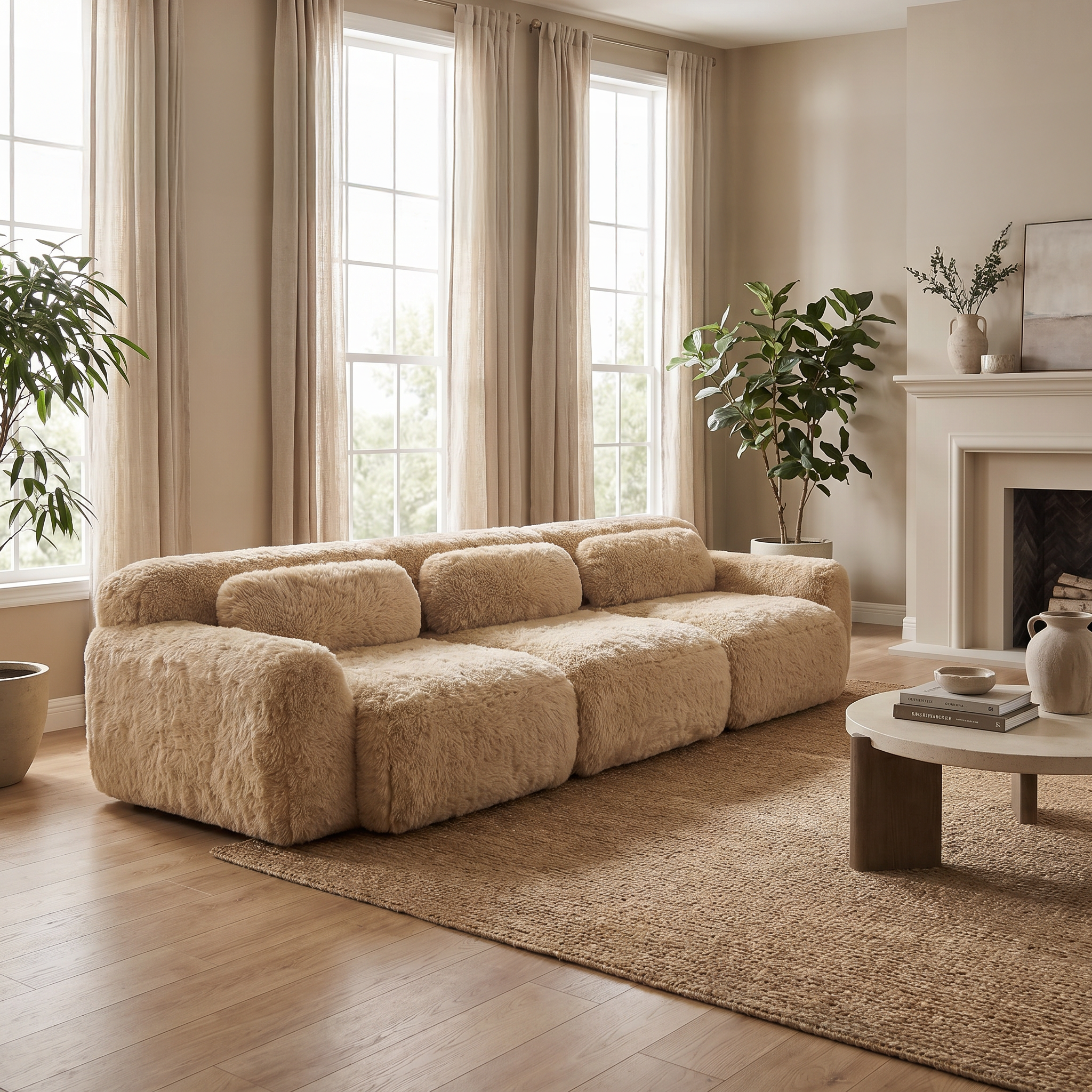 Durham beige sectional sofa showing cozy living room setup with deep modular seating