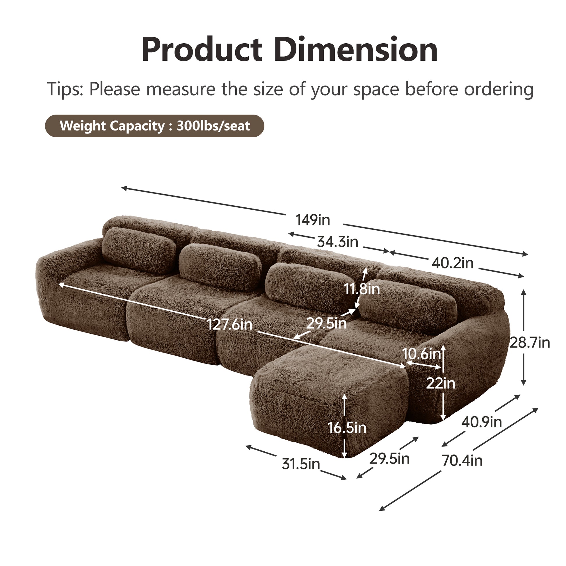 Durham brown sectional sofa showing product dimensions and seating measurements