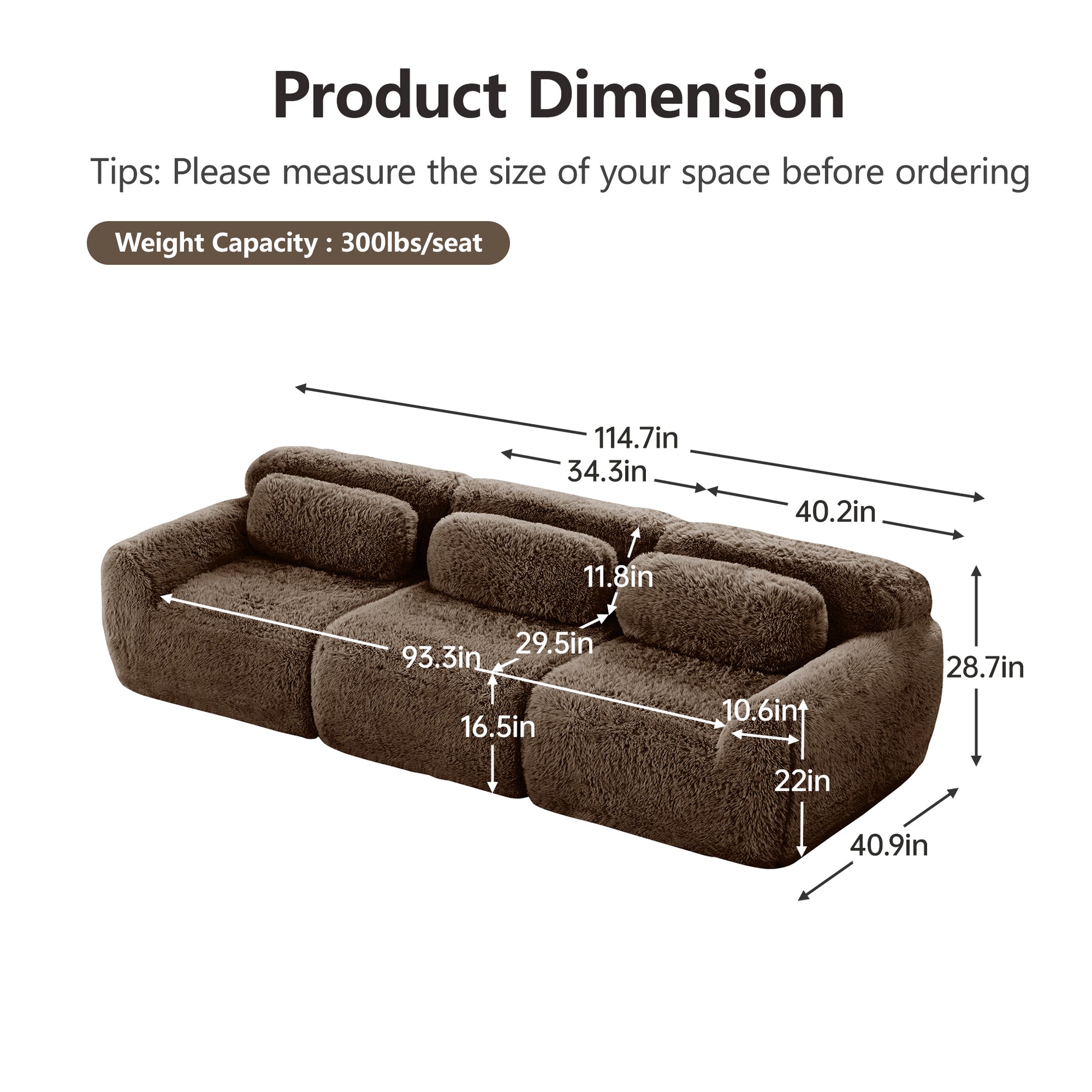 Durham brown sectional sofa showing product size and weight capacity dimensions chart
