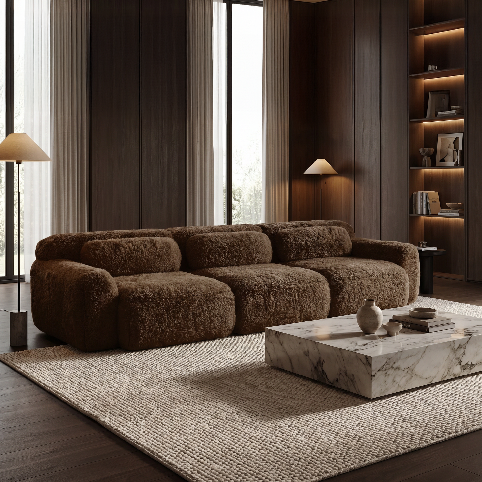 Durham brown sectional sofa showing cozy modern living room setup with plush texture