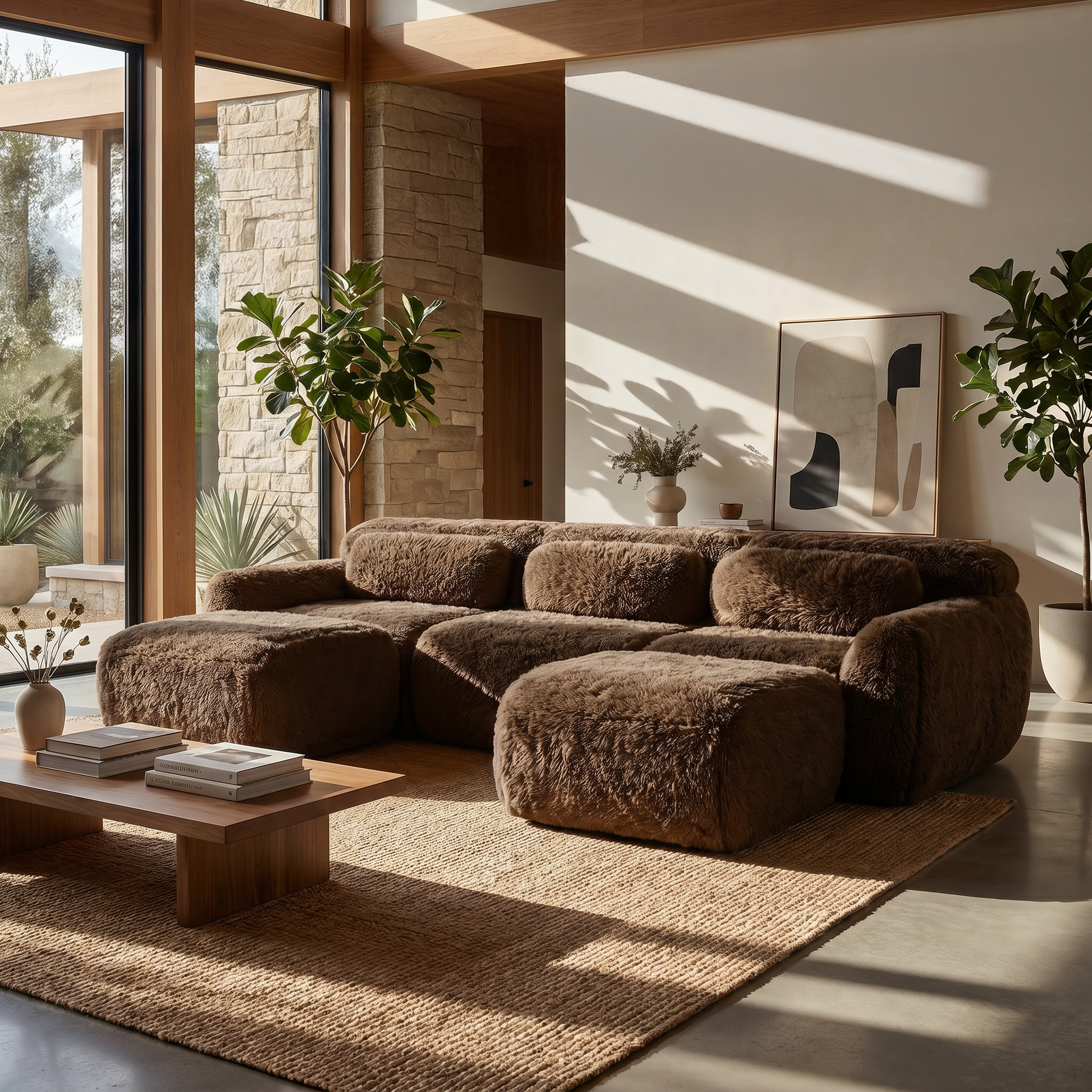 Durham brown sectional sofa showing plush modular seating in sunlit modern living room