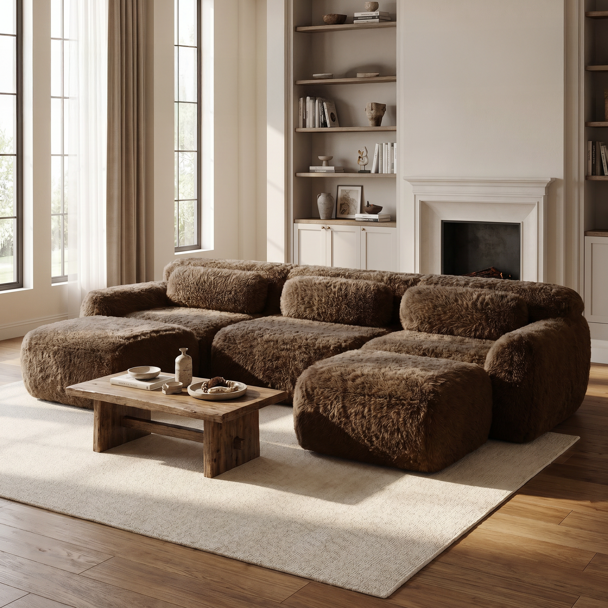 Durham brown sectional sofa showing cozy lounge setup beside fireplace in bright living room
