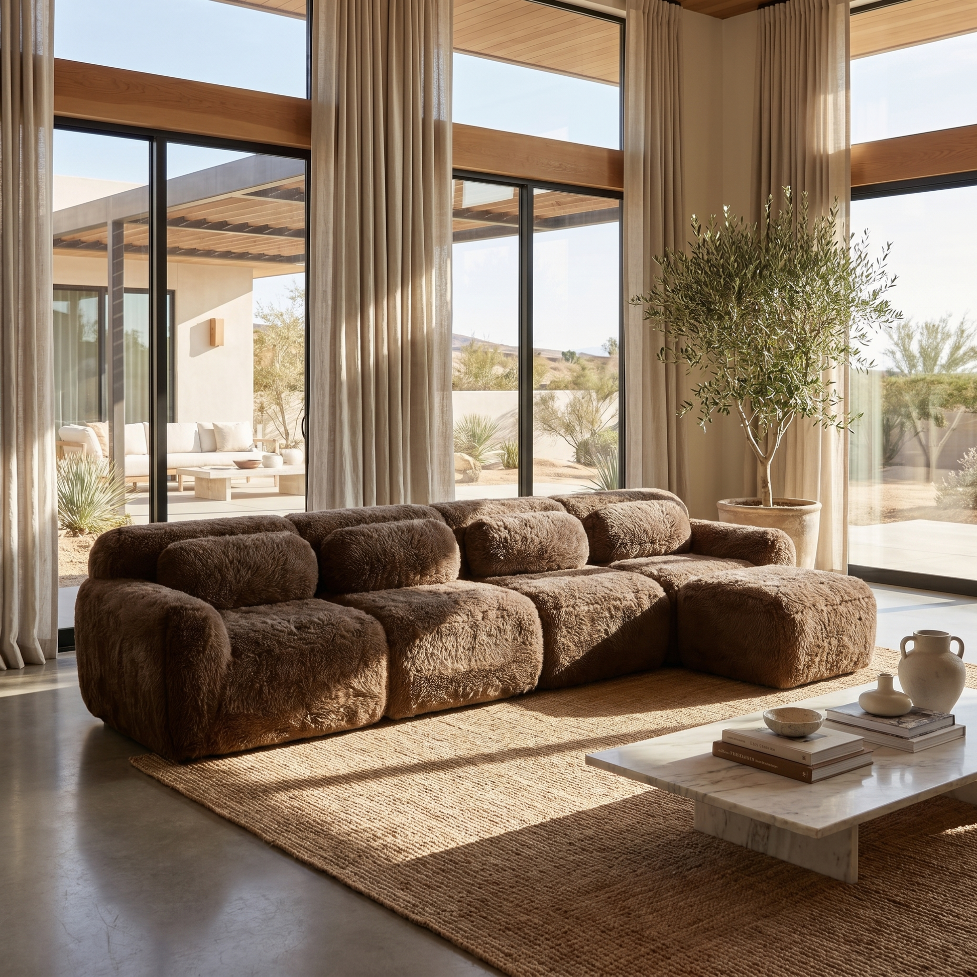 Durham brown sectional sofa showing modular plush seating in sunlit contemporary living room