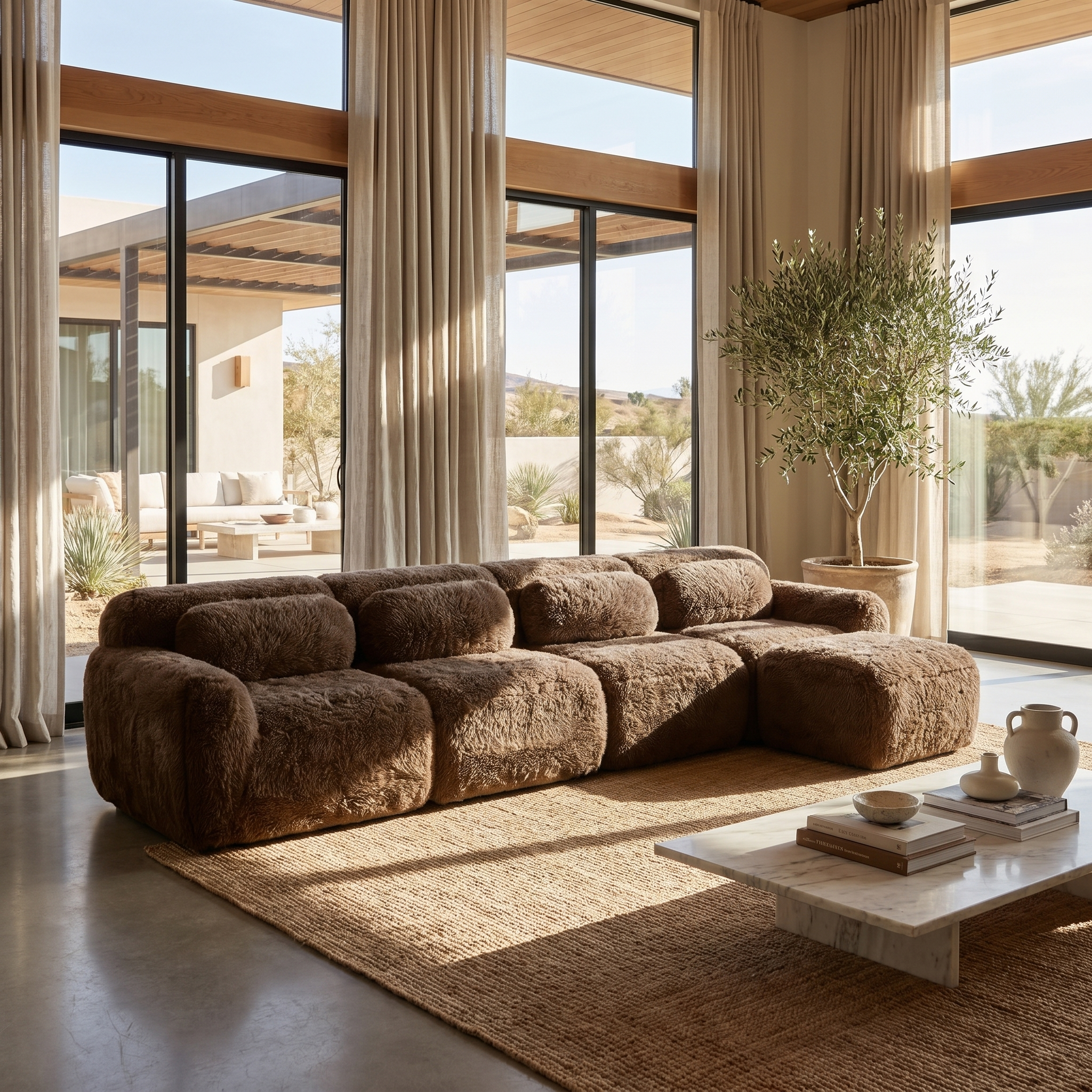 Durham brown sectional sofa showing modular plush seating in sunlit contemporary living room