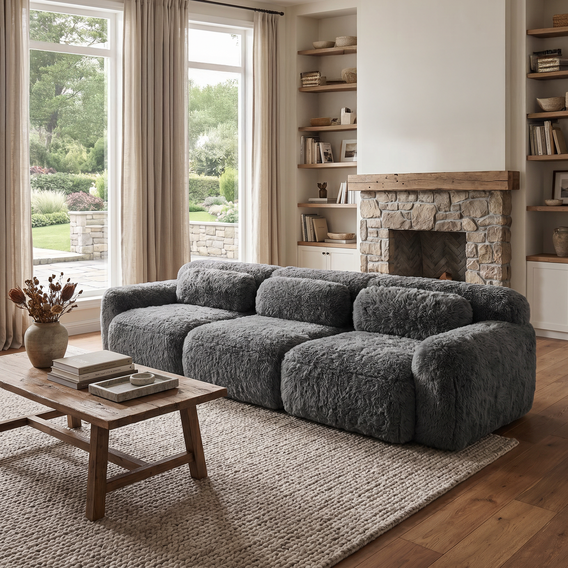Durham dark grey sectional sofa showing cozy farmhouse living room setup with plush texture