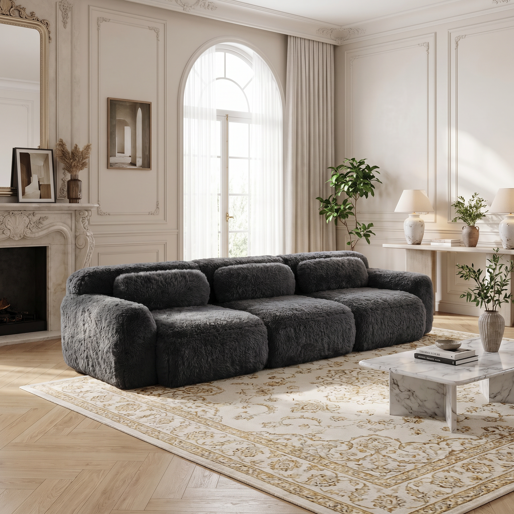 Durham dark grey sectional sofa showing elegant living room setup with modular seating