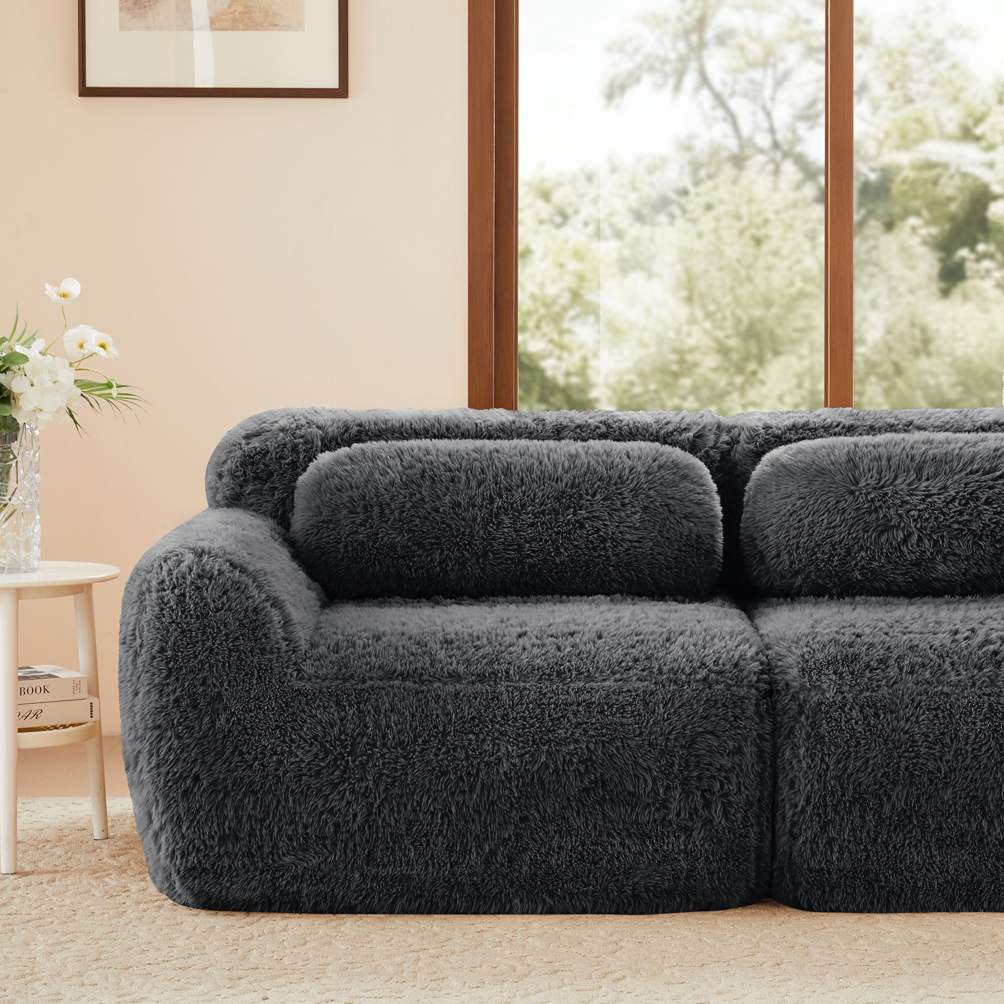 Durham grey sectional sofa showing plush oversized seat and soft textured upholstery detail