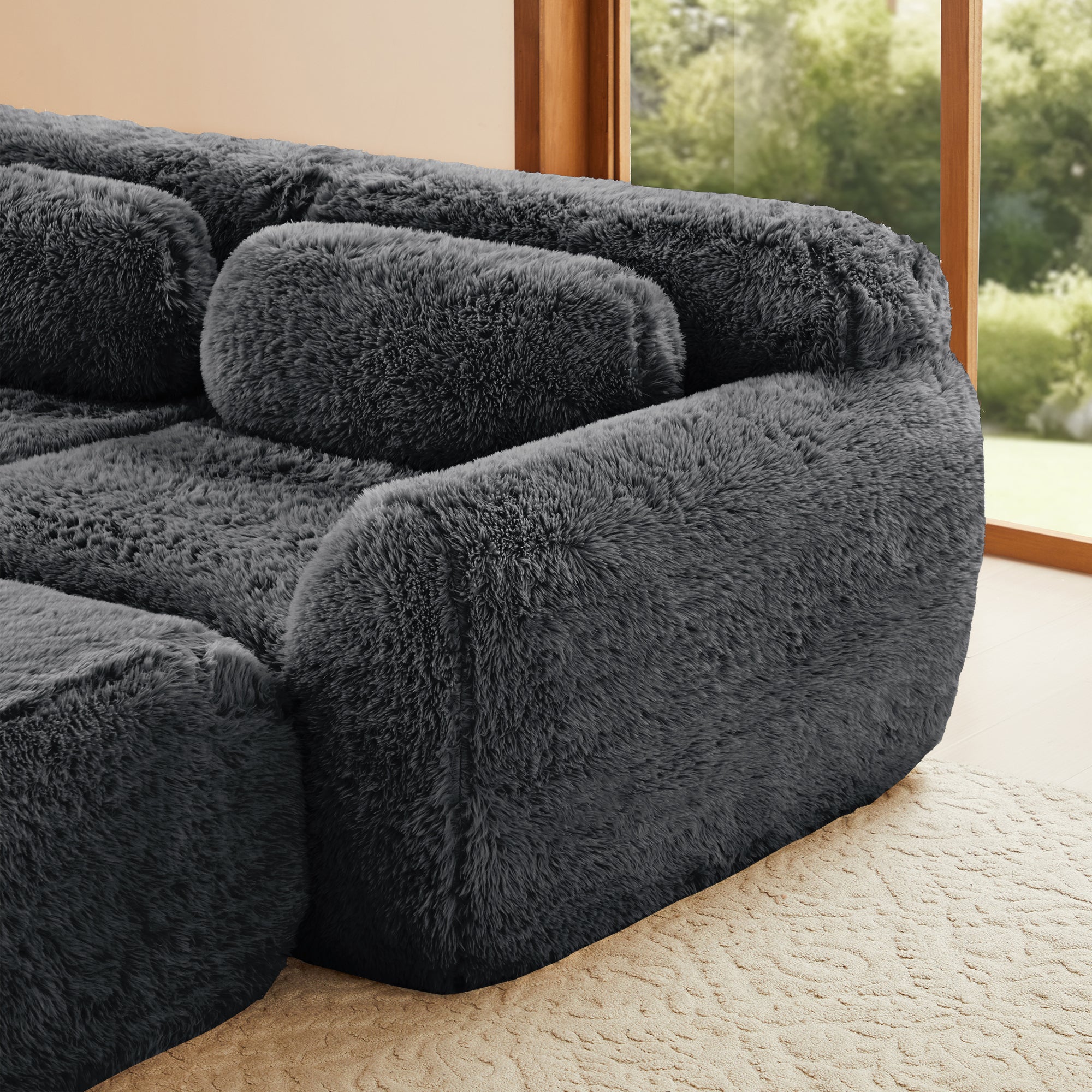 Durham grey sectional sofa showing high-density plush fabric close-up detail