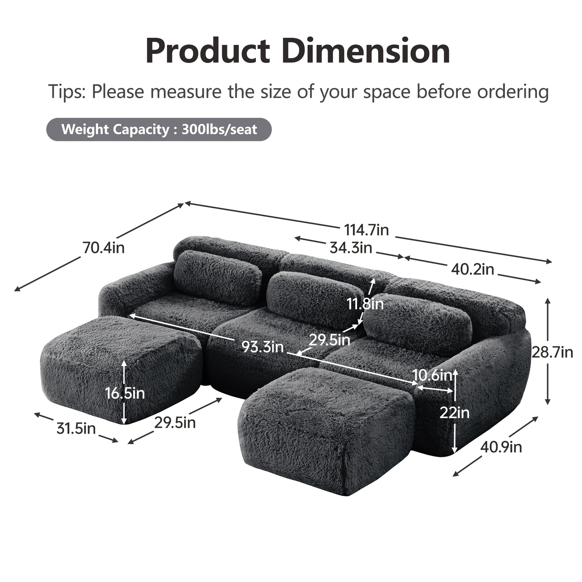 Durham grey sectional sofa showing overall product dimensions and seating measurements