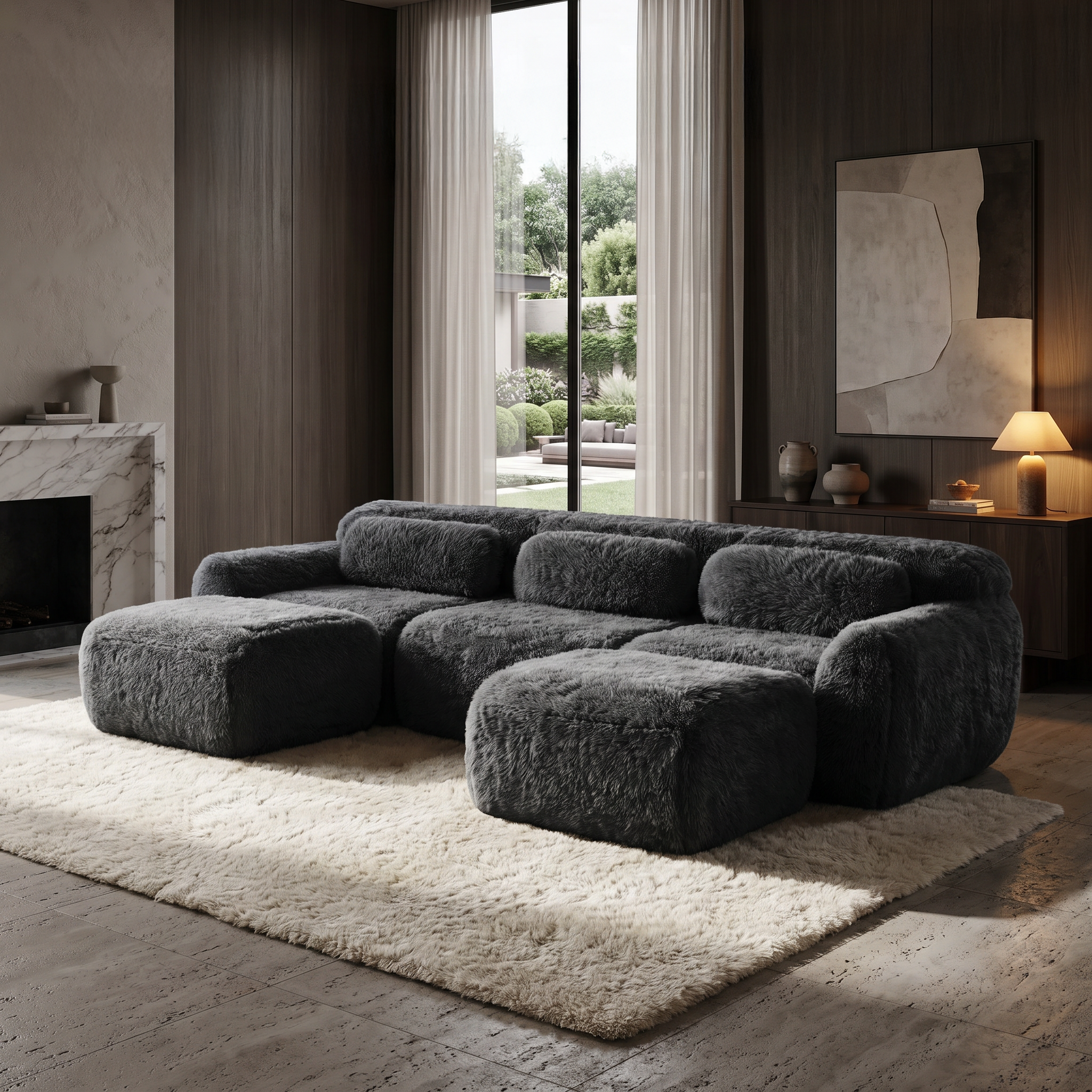 Durham grey sectional sofa showing plush modular seating in modern living room with floor-to-ceiling windows