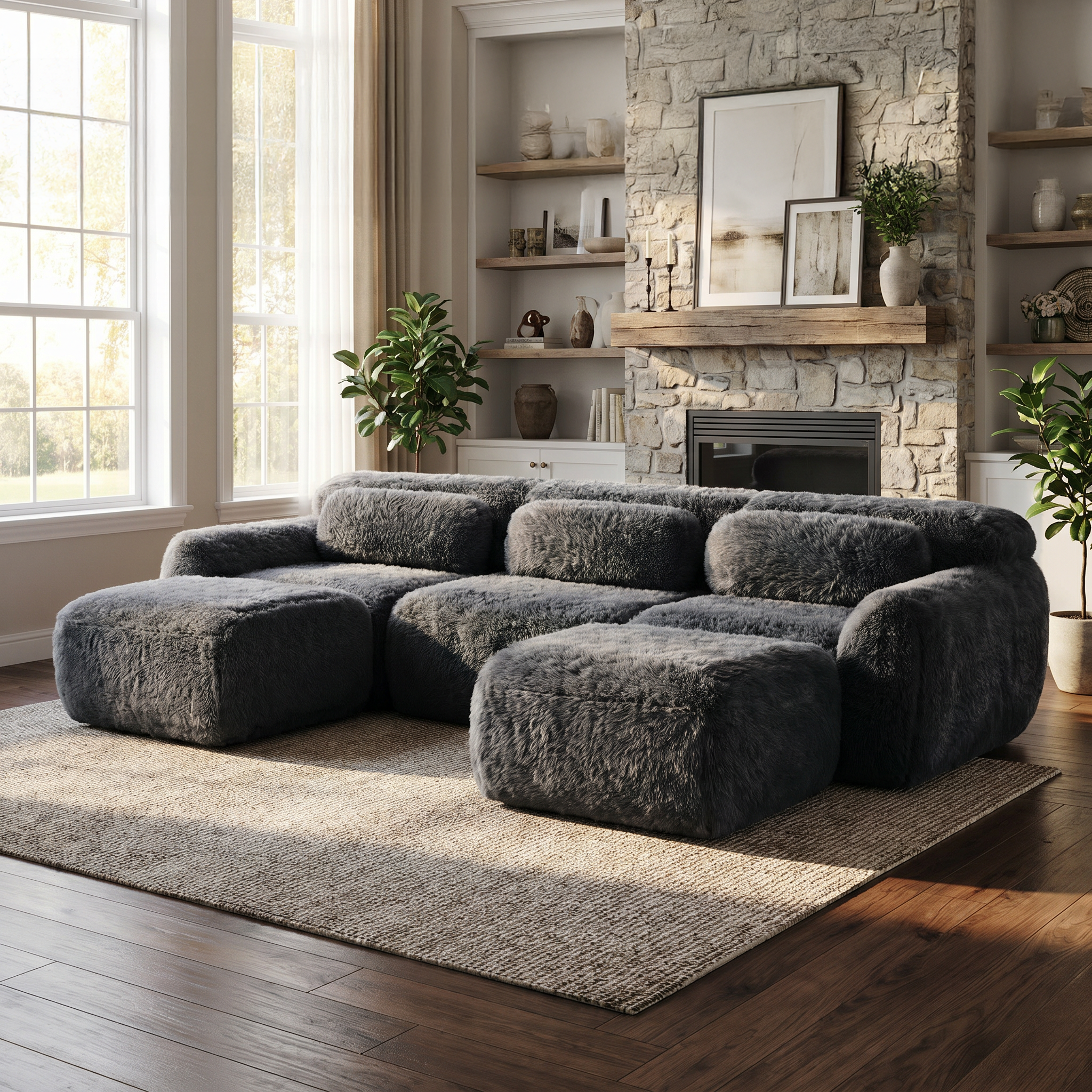 Durham grey sectional sofa showing cozy lounge setup beside stone fireplace in bright living room