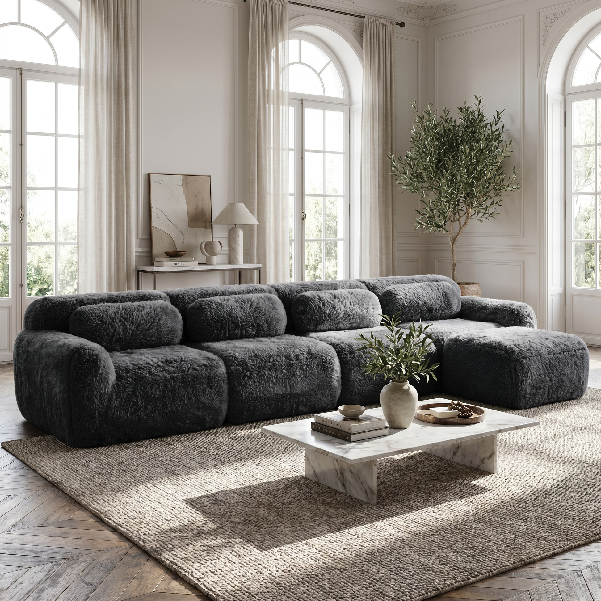 Durham grey sectional sofa showing modular plush seating in bright contemporary living room