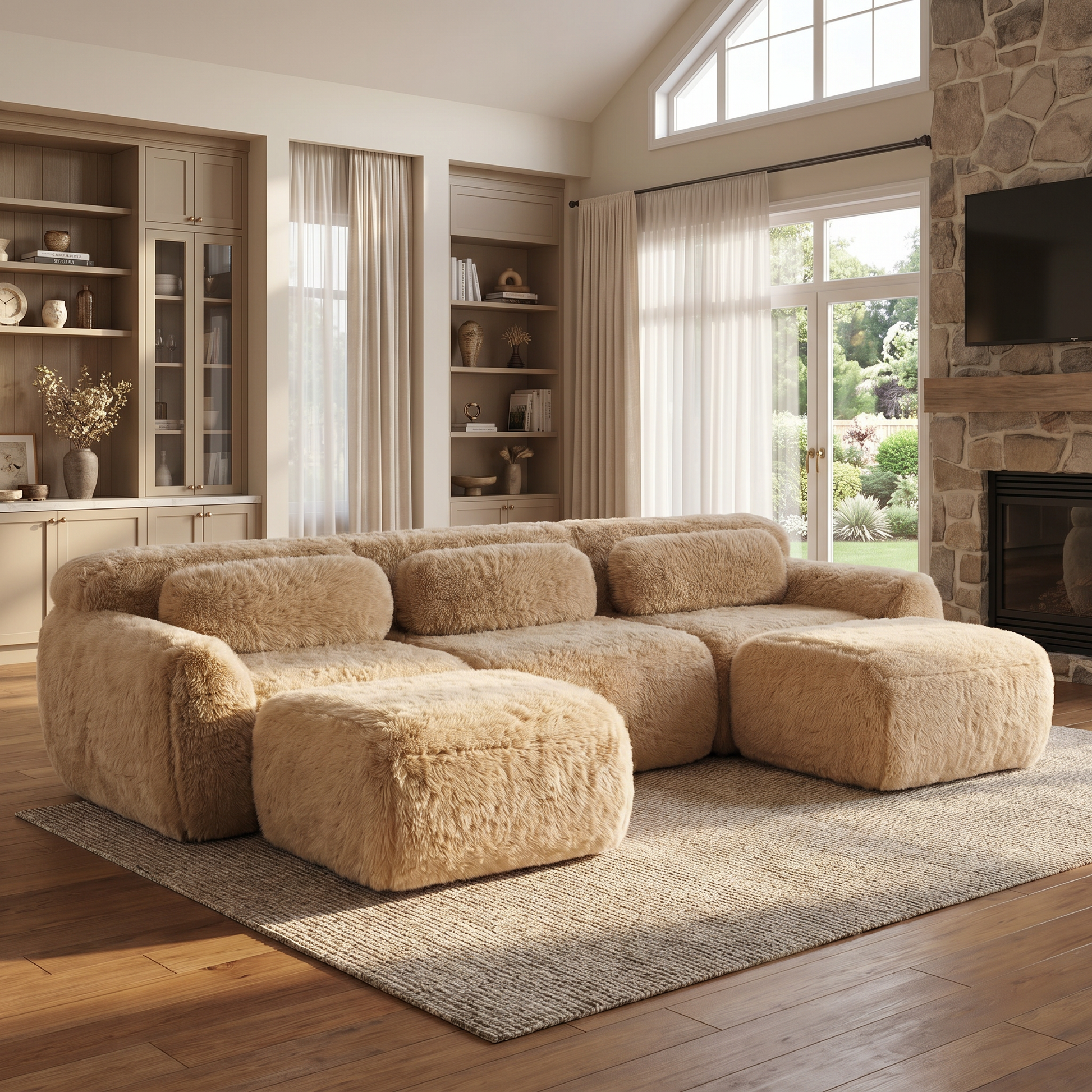 Durham khaki sectional sofa showing plush modular seating in sunlit living room with fireplace