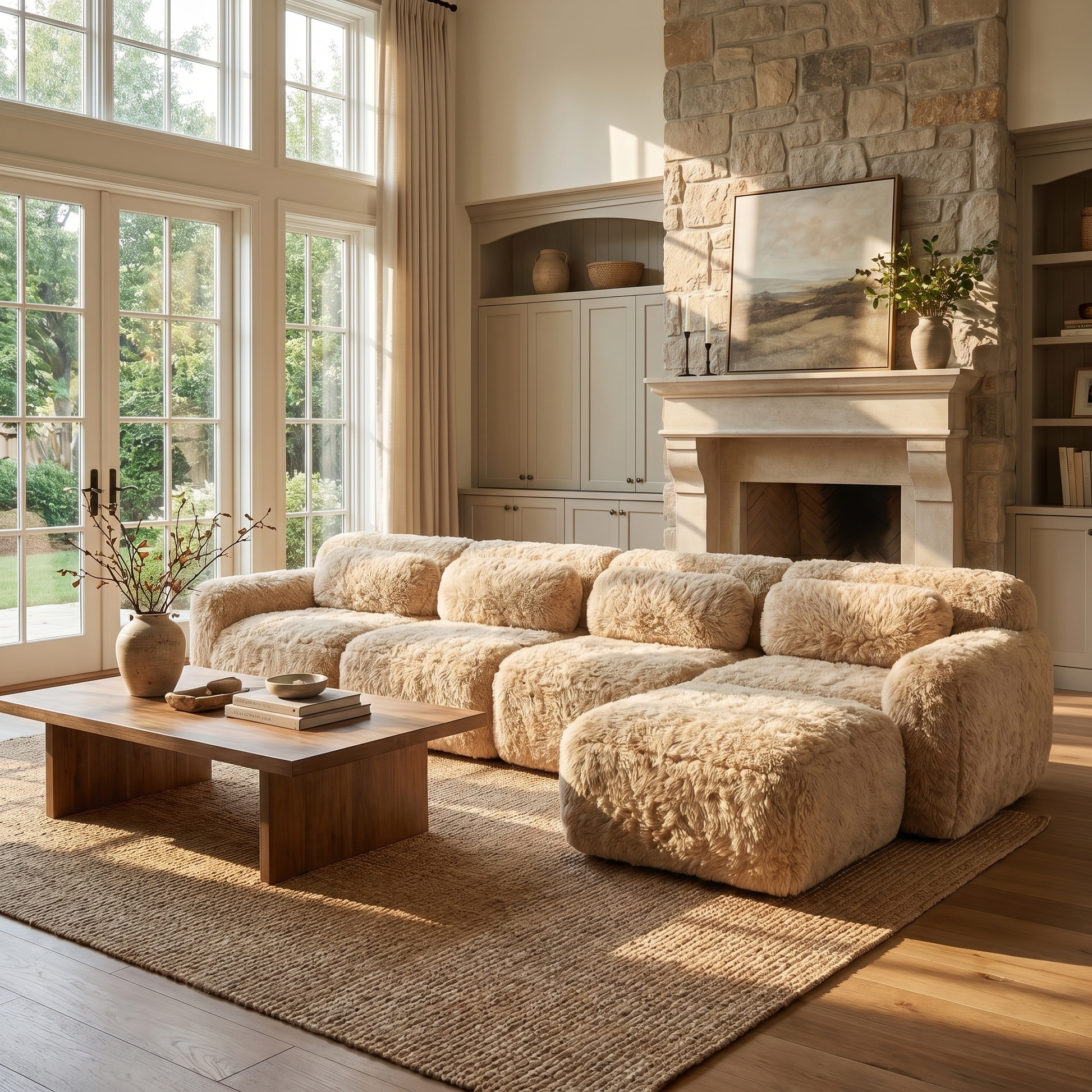 Durham khaki sectional sofa styled in a sunlit living room with stone fireplace and oversized plush seating