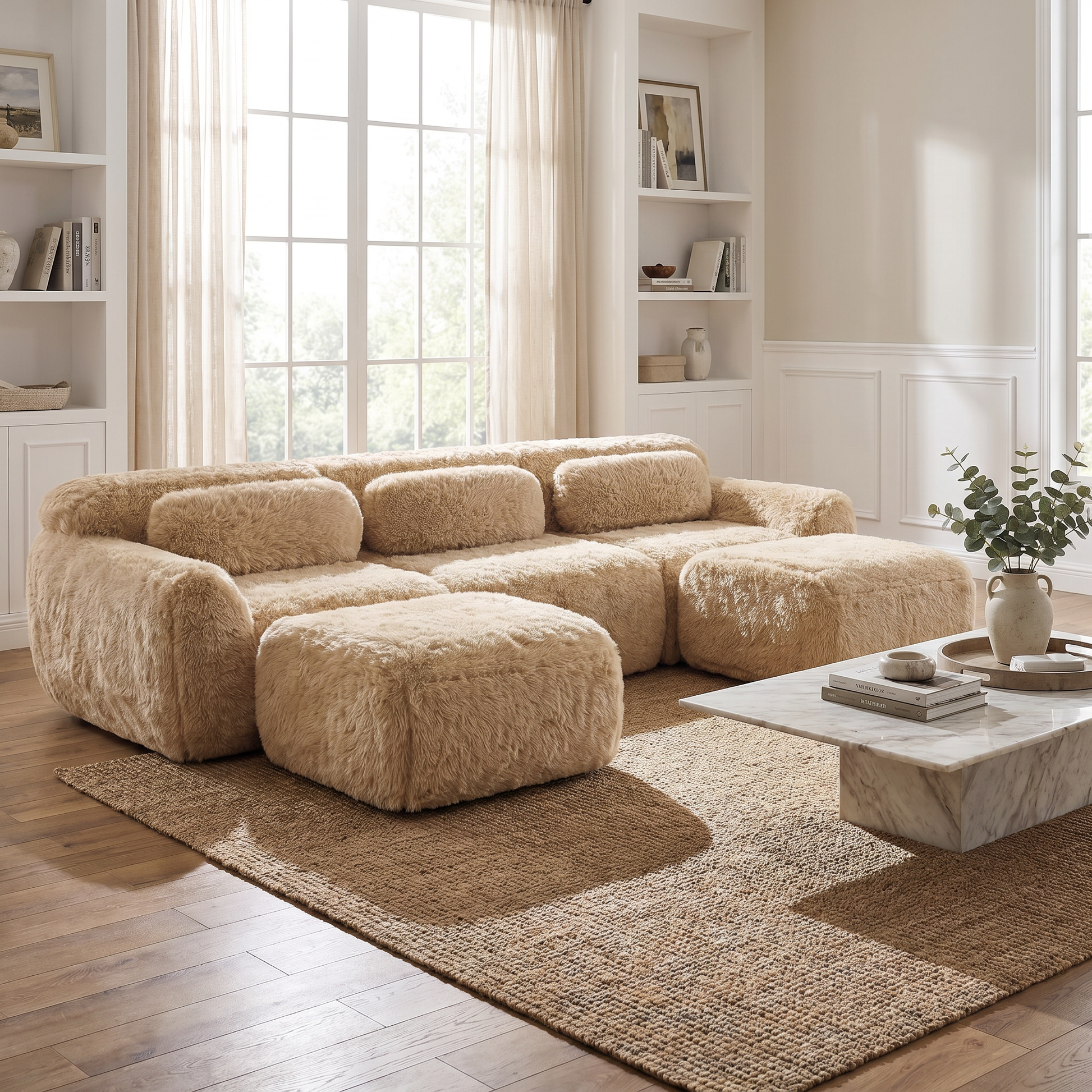 Durham khaki sectional sofa showing cozy lounge setup in bright contemporary living room