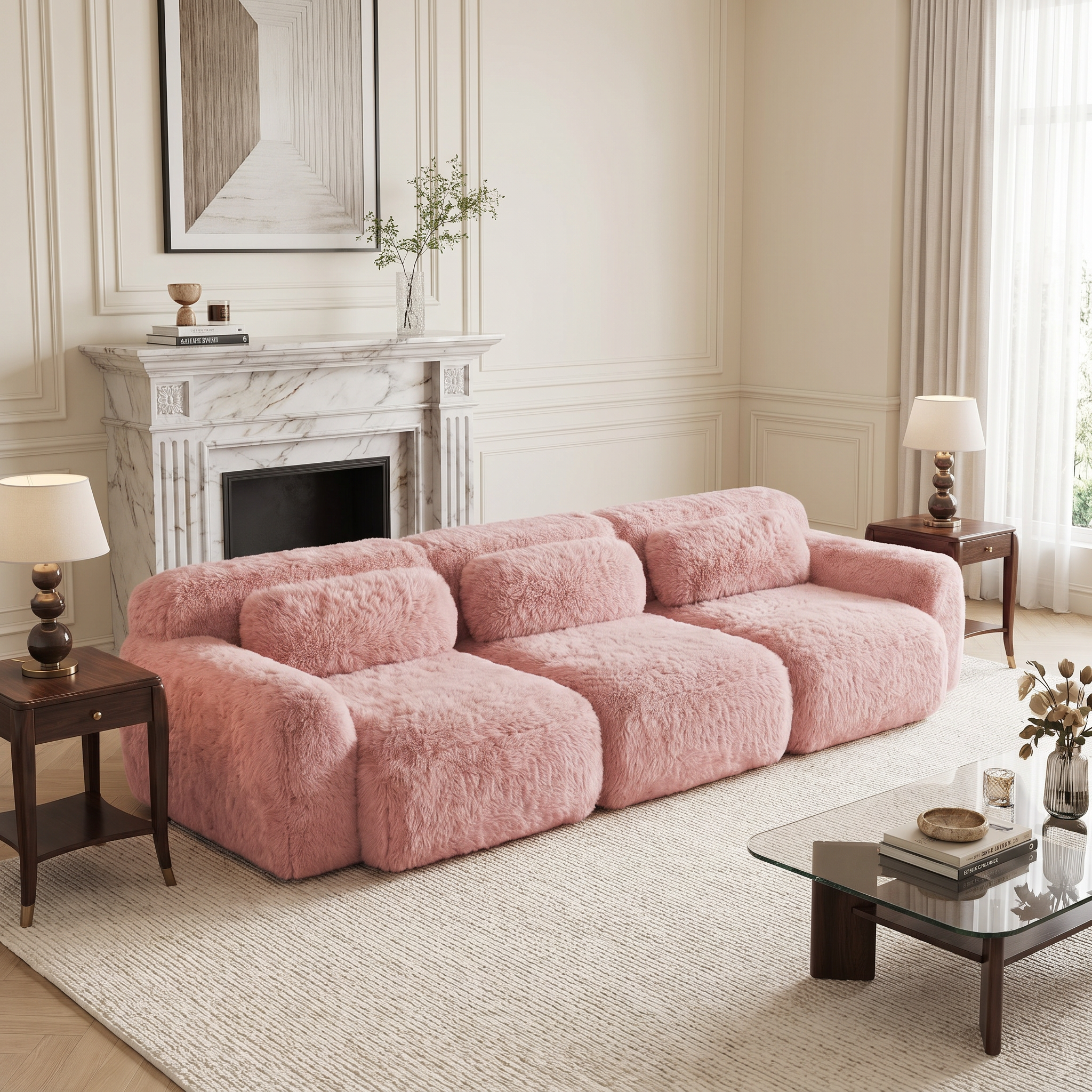 Durham pink sectional sofa showing elegant living room setup with plush modular seating
