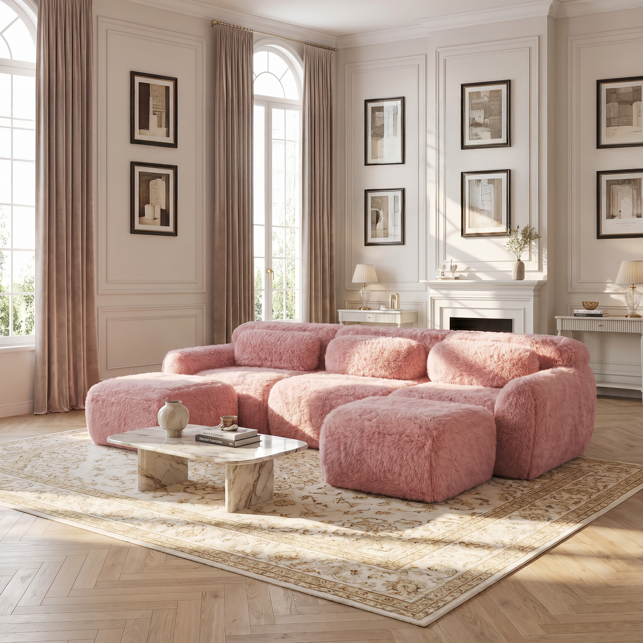 Durham pink sectional sofa showing plush modular seating in elegant living room with tall windows