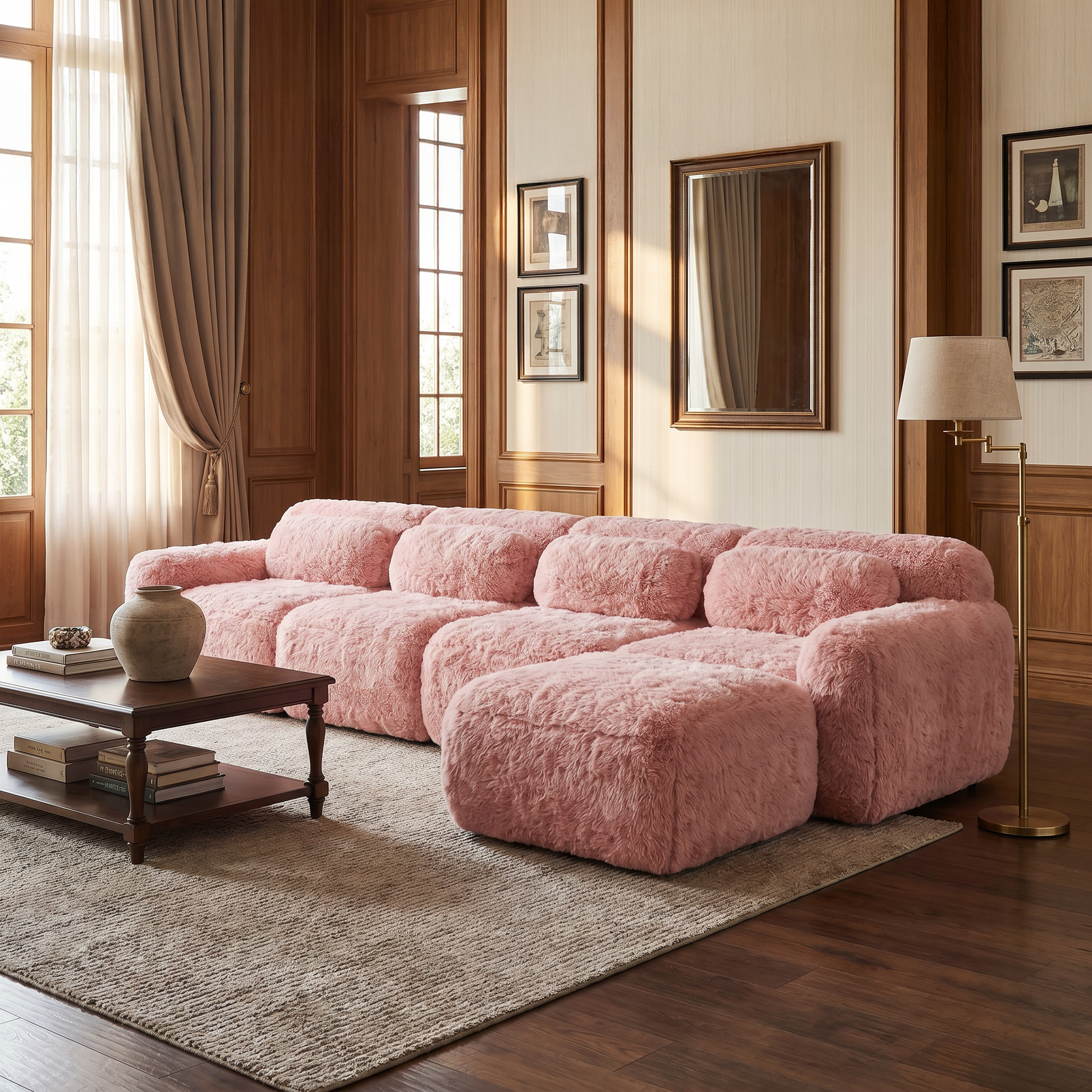 Durham pink modular sectional sofa styled in a warm classic living room with walnut wall panels and layered plush texture