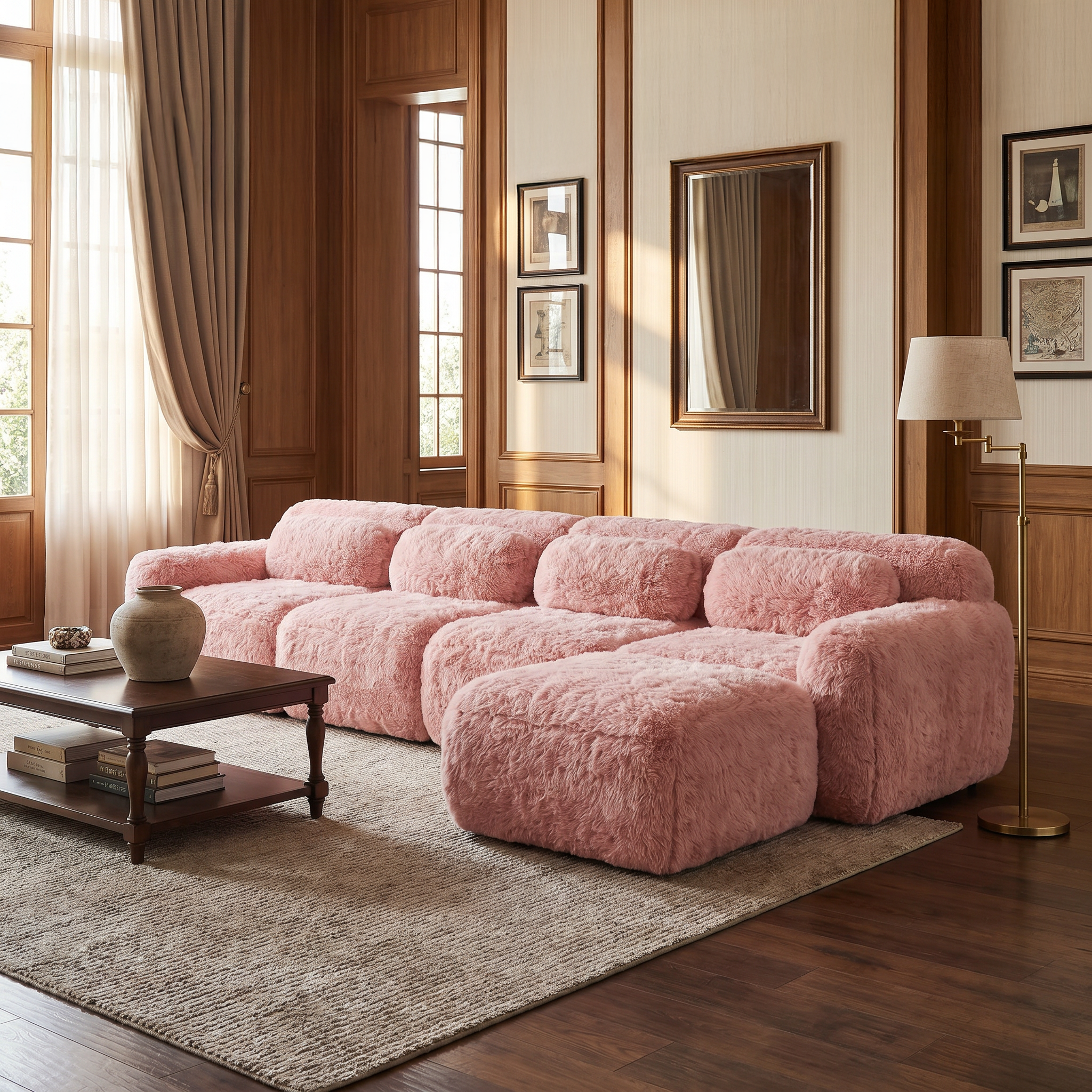 Durham pink modular sectional sofa styled in a warm classic living room with walnut wall panels and layered plush texture