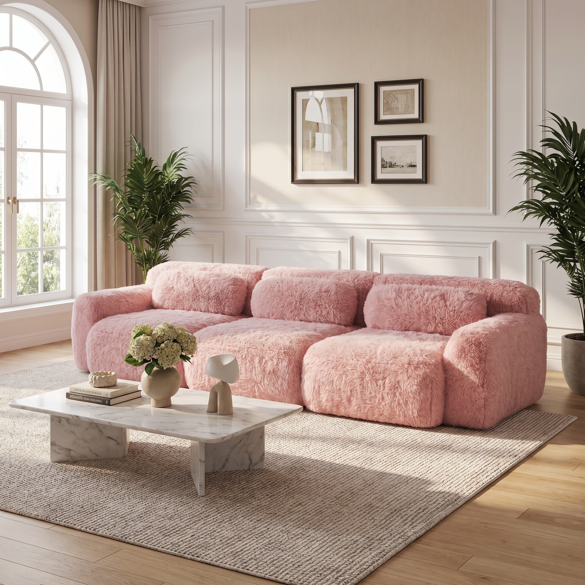 Durham pink sectional sofa showing bright modern living room setup with deep seating