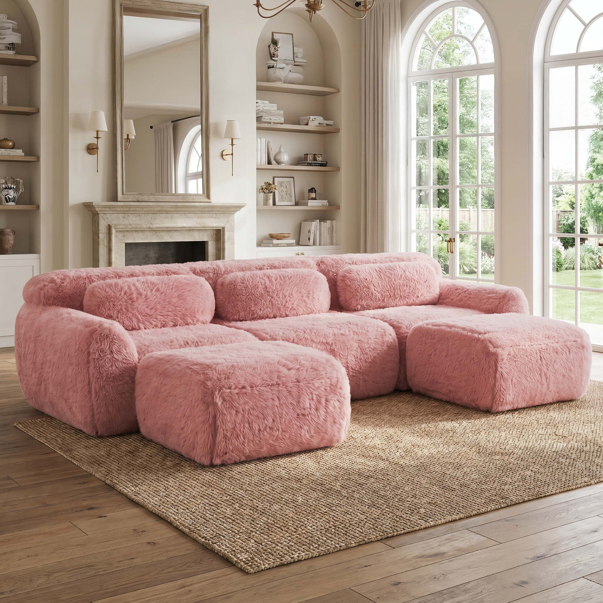 Durham pink sectional sofa showing cozy lounge setup beside fireplace in bright modern living room