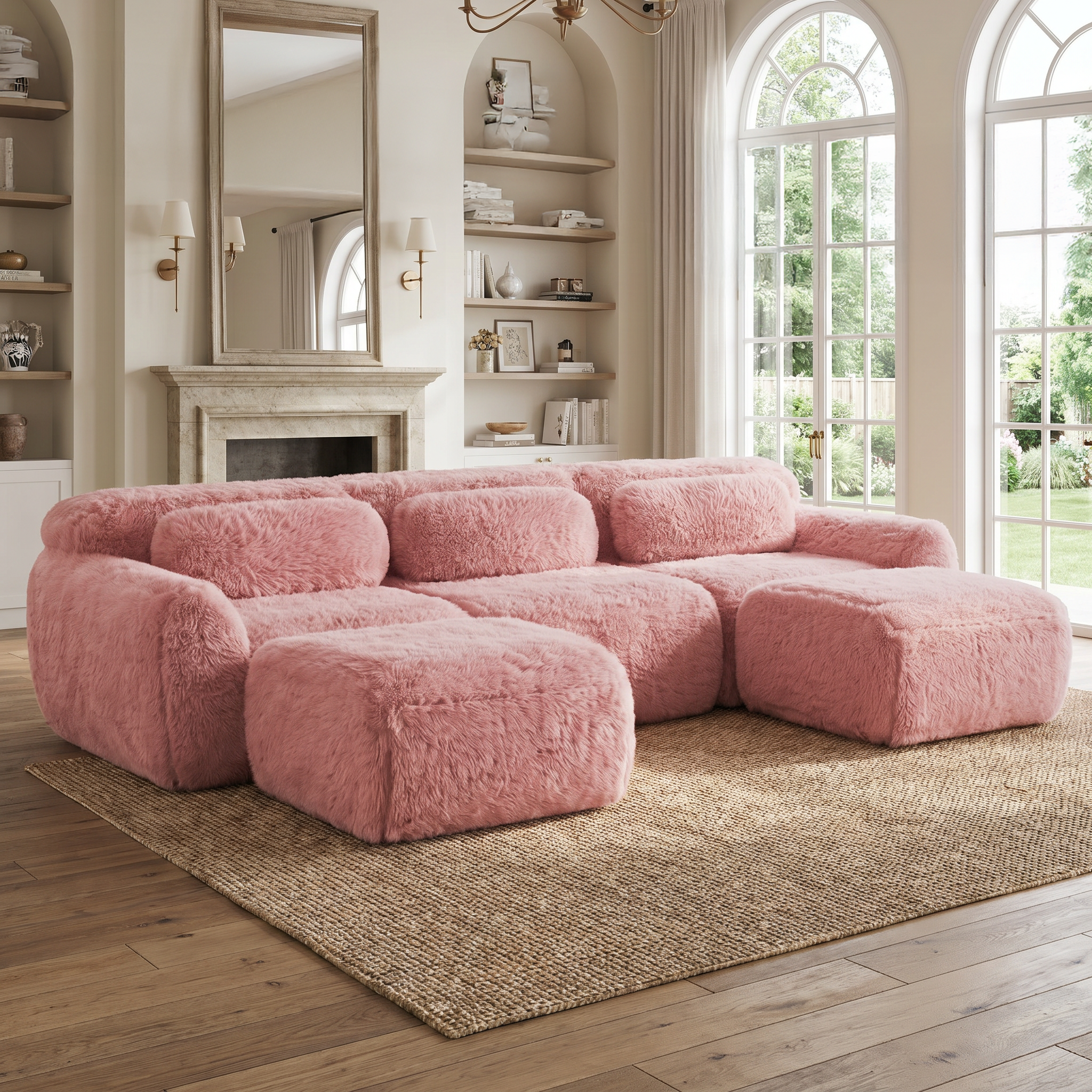 Durham pink sectional sofa showing cozy lounge setup beside fireplace in bright modern living room