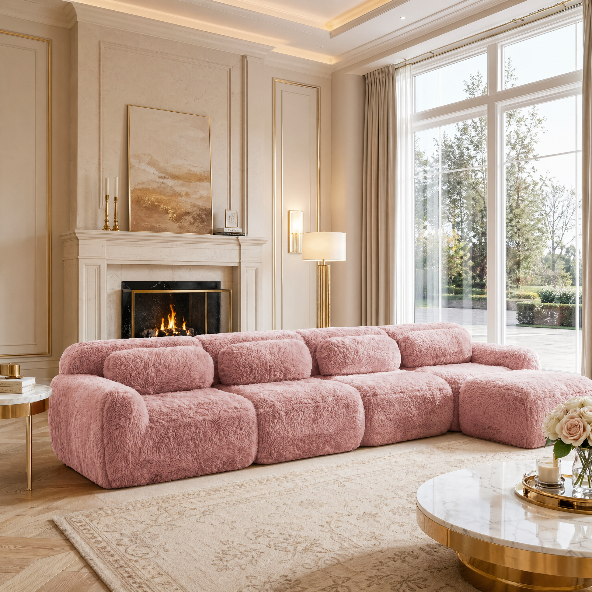 Durham pink L-shaped sectional sofa featured in a bright luxury lounge with fireplace, oversized plush seating and soft natural light