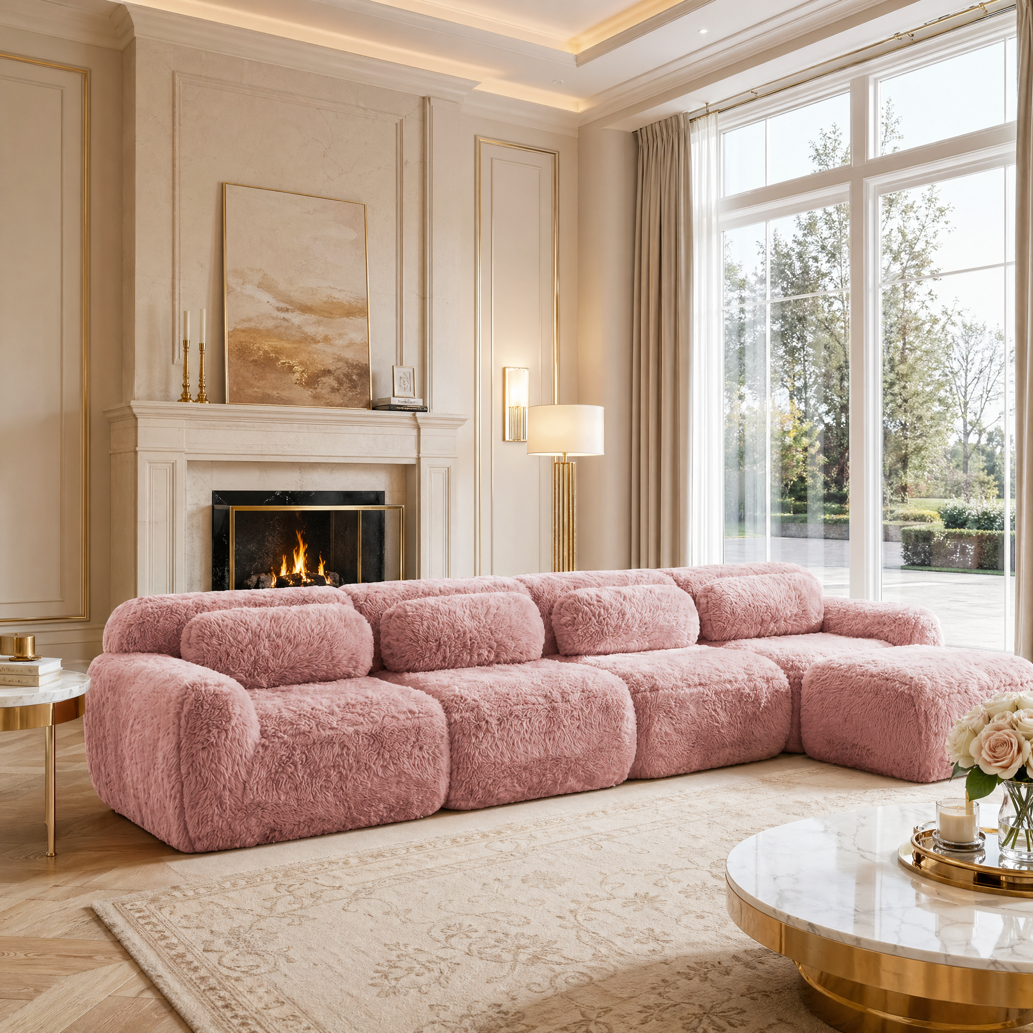 Durham pink L-shaped sectional sofa featured in a bright luxury lounge with fireplace, oversized plush seating and soft natural light