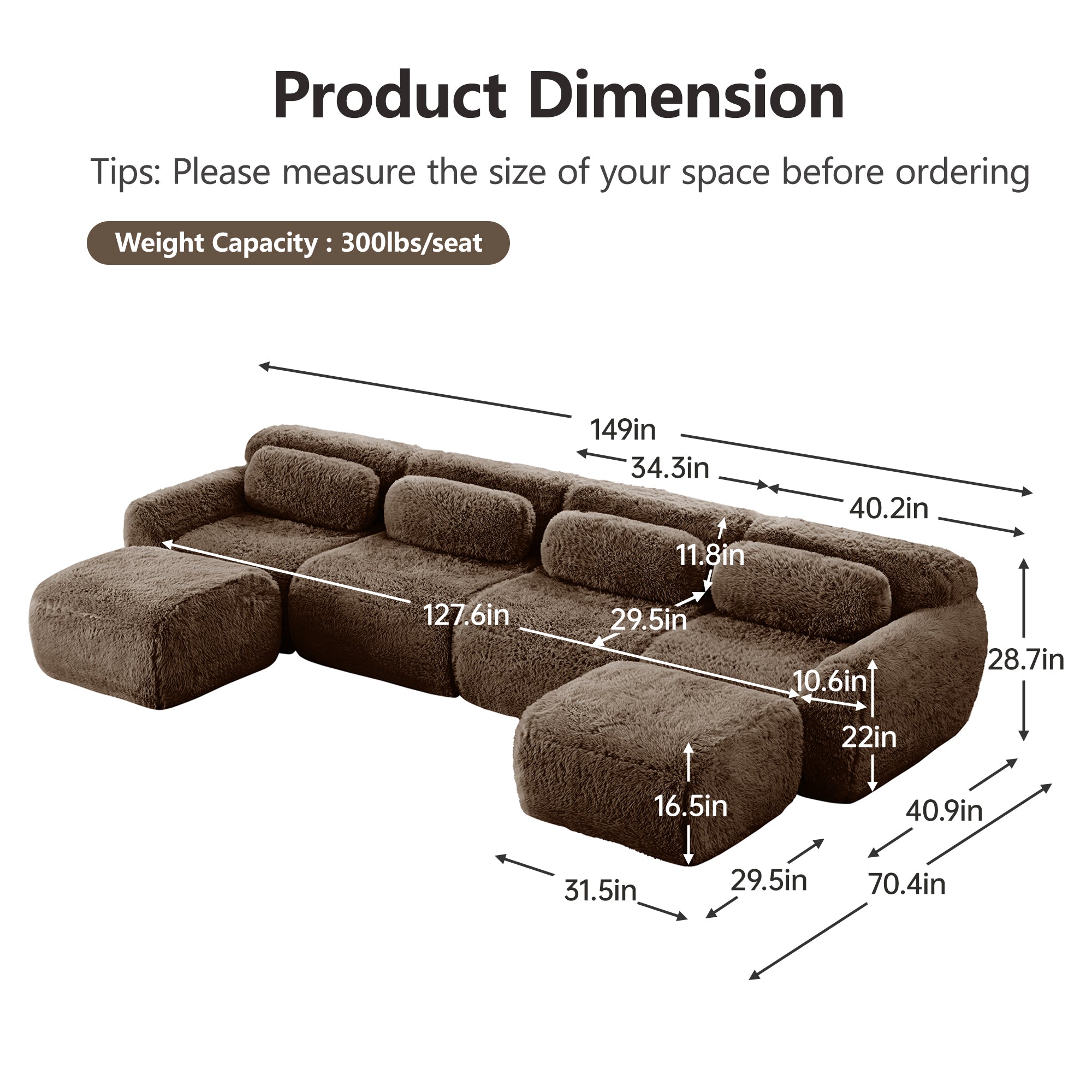 Durham brown U-shaped sectional sofa showing product dimensions and seating measurements