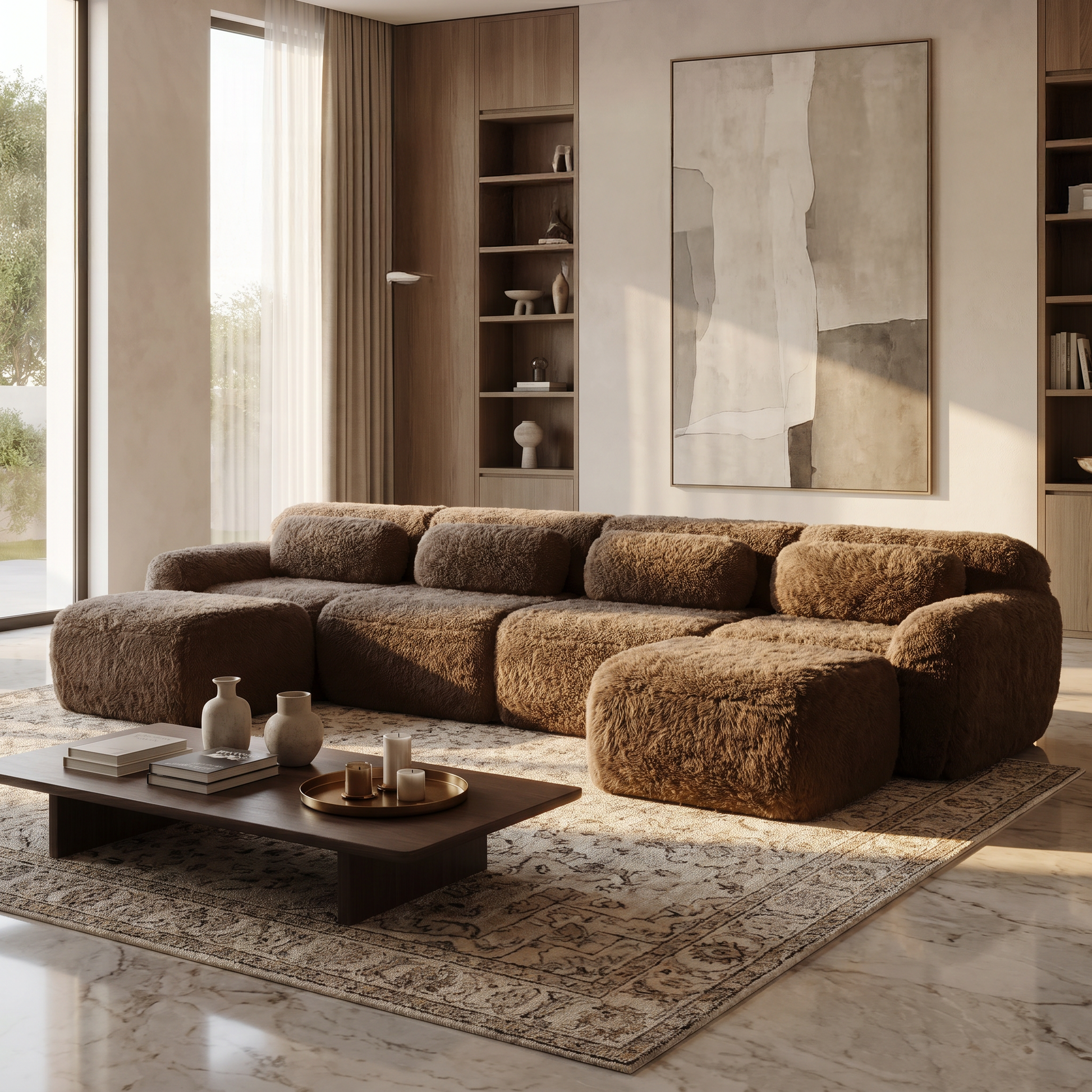 Durham brown modular U-shaped sectional sofa in a contemporary living space with warm wood shelving and soft ambient sunlight