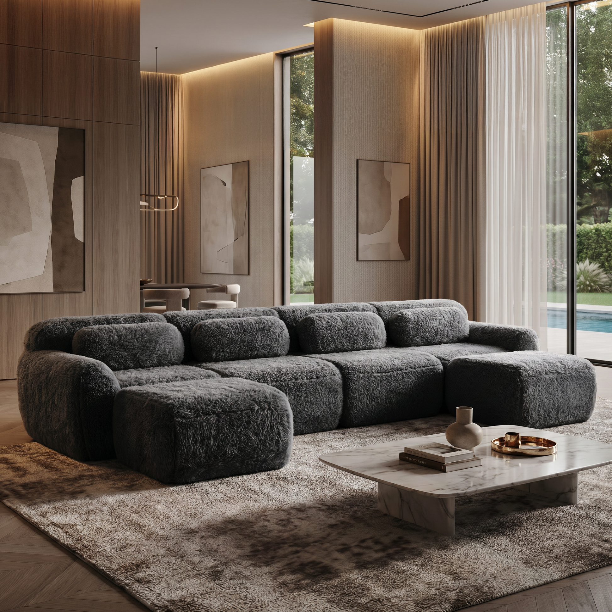 Durham grey U-shaped sectional sofa styled in a contemporary luxury living room with ambient lighting and oversized plush seating
