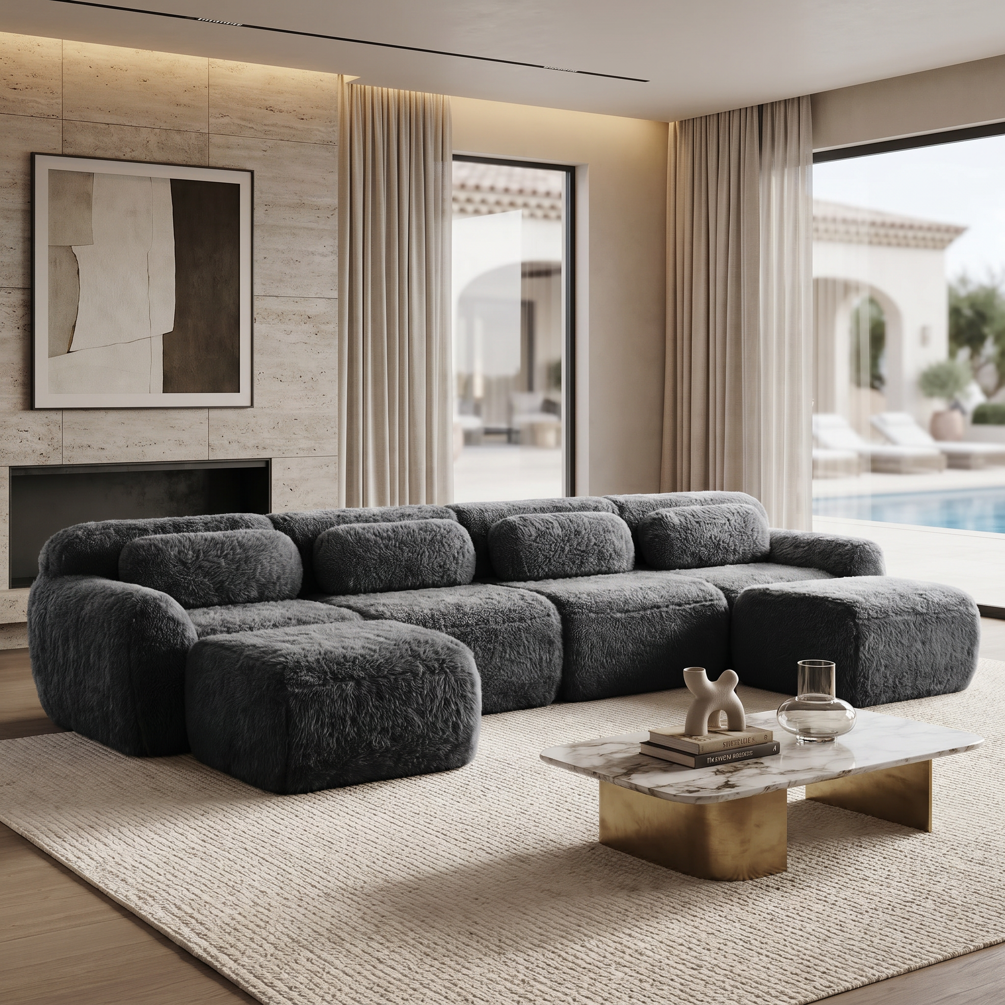 Durham grey modular sectional sofa in a modern open-concept lounge with soft natural light and textured plush upholstery