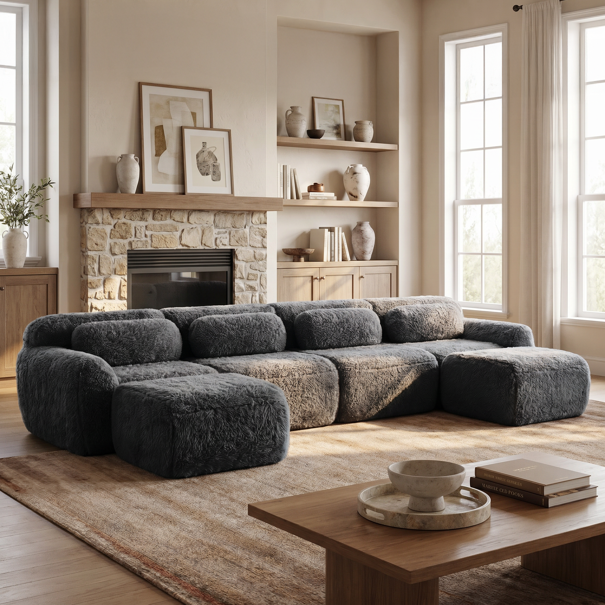 Durham grey plush U-shaped sectional sofa displayed in a warm modern farmhouse living space with oversized modular seating