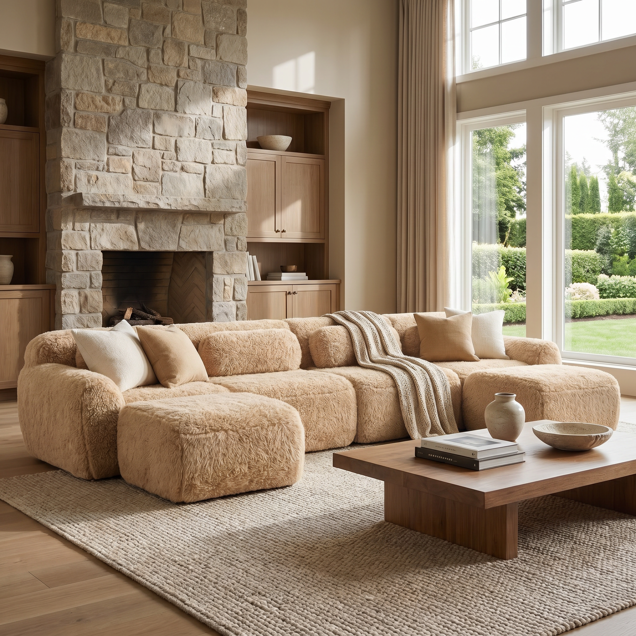 Durham khaki U-shaped sectional sofa styled in a warm stone fireplace living room with soft natural lighting