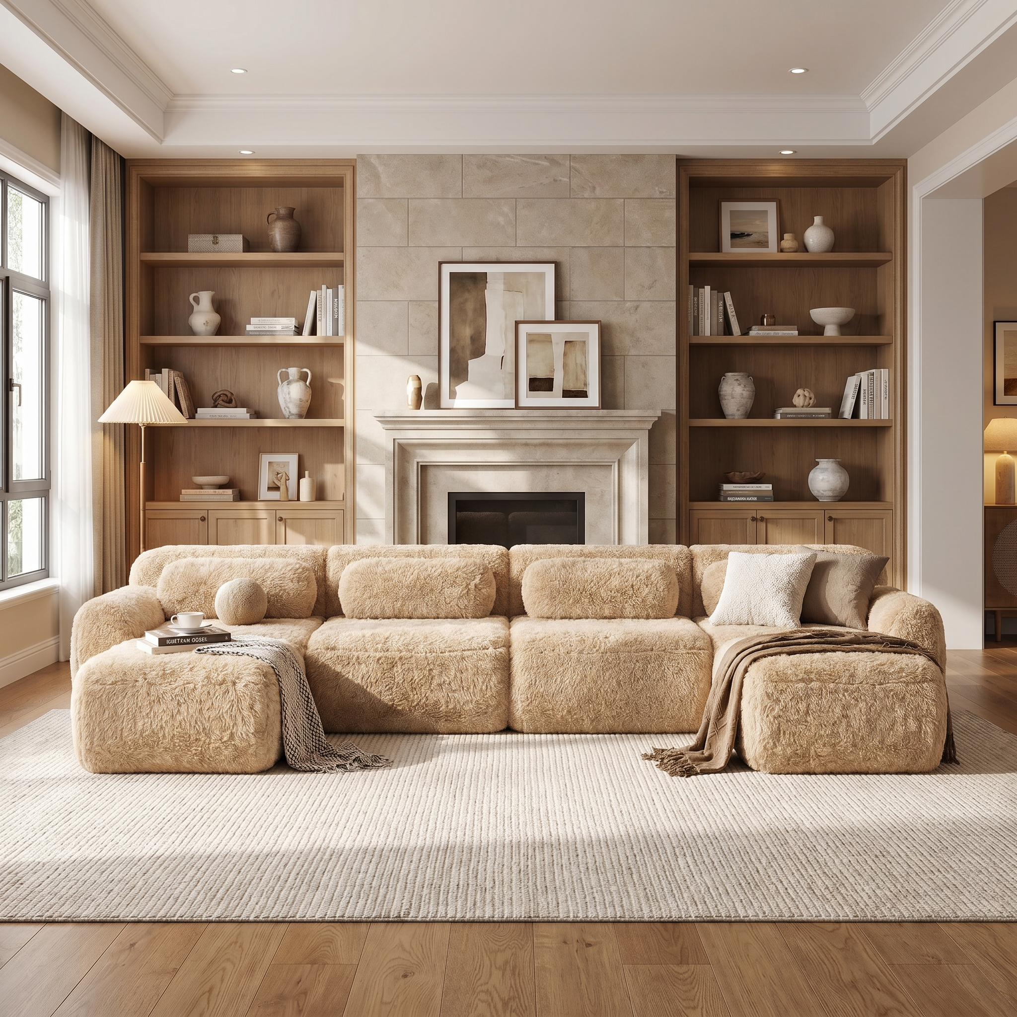Durham khaki U-shaped sectional sofa placed in a modern neutral living room with built-in shelving and fireplace backdrop