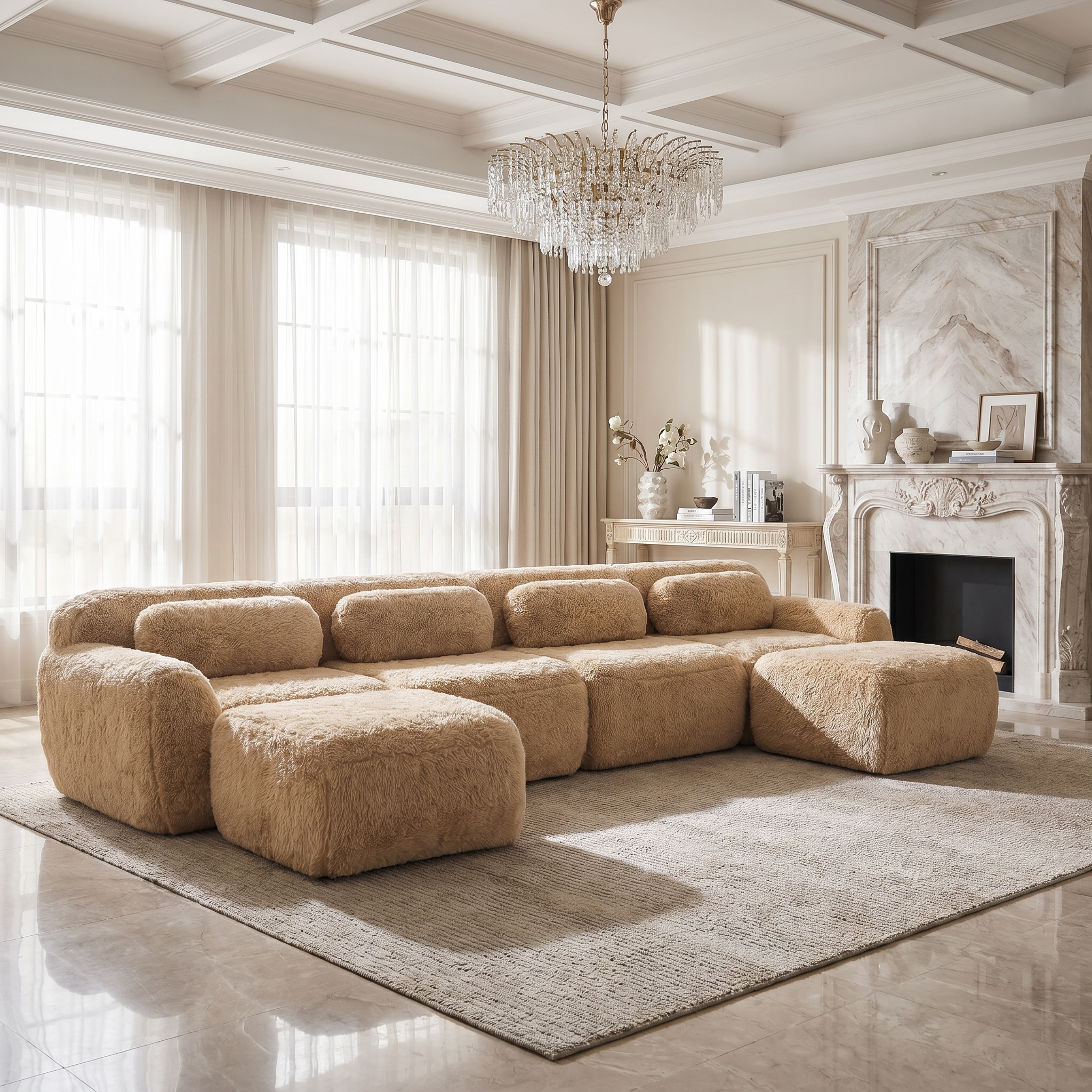 Durham khaki U-shaped sectional sofa featured in an elegant luxury living room with chandelier lighting and marble fireplace