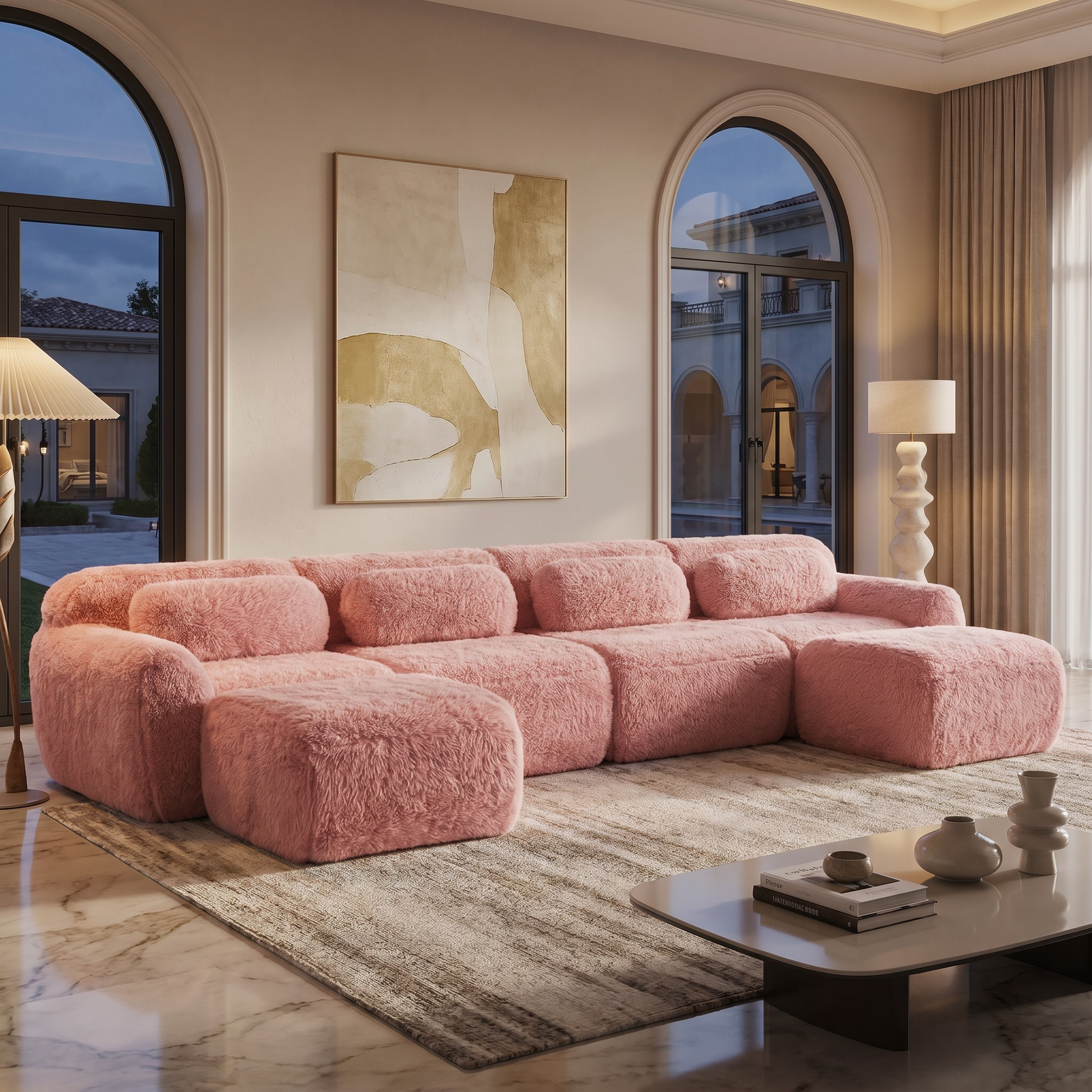 Durham pink U-shaped sectional sofa styled in an elegant modern living room with ambient evening lighting and plush oversized seating