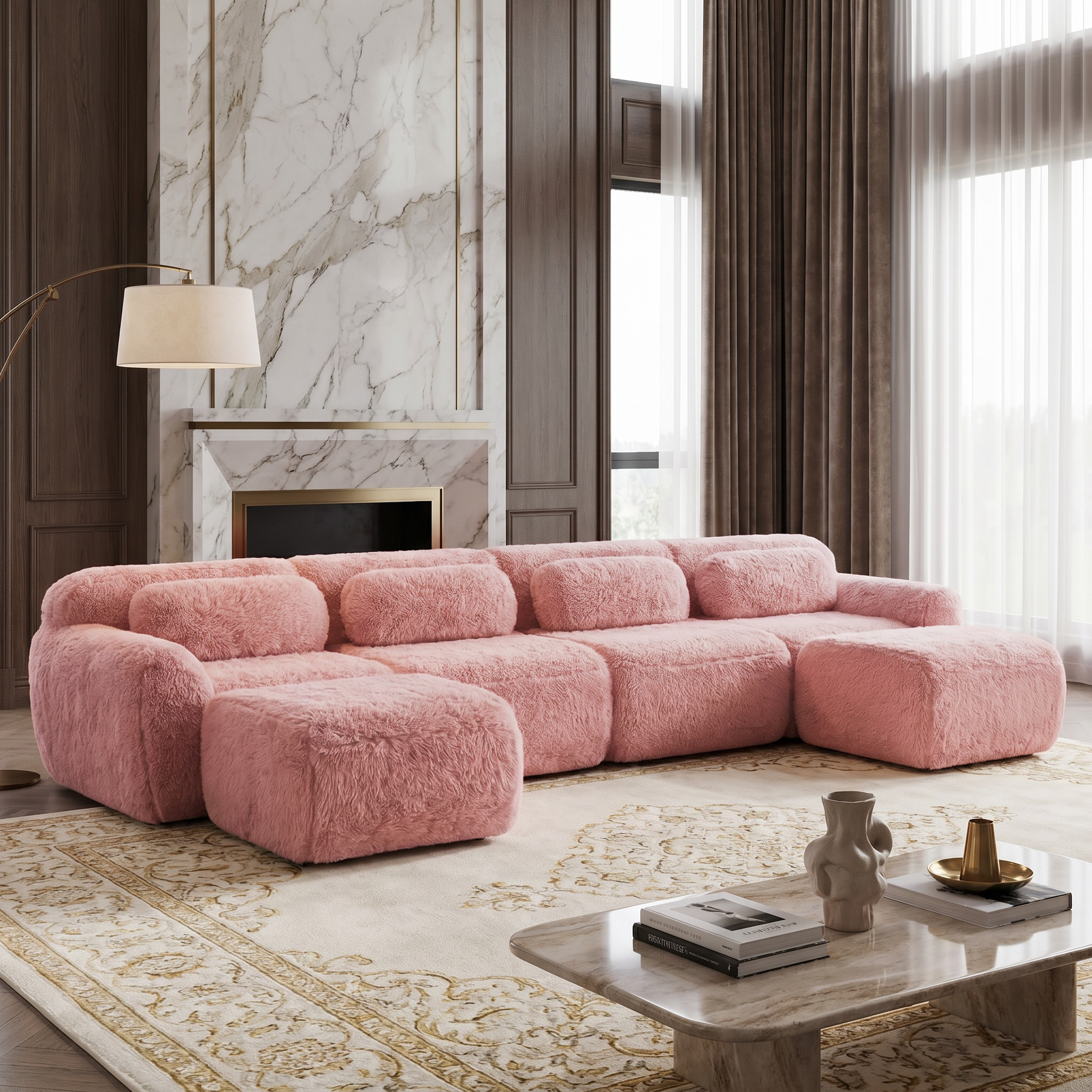 Durham pink modular sectional sofa displayed in a luxury marble-accent living space