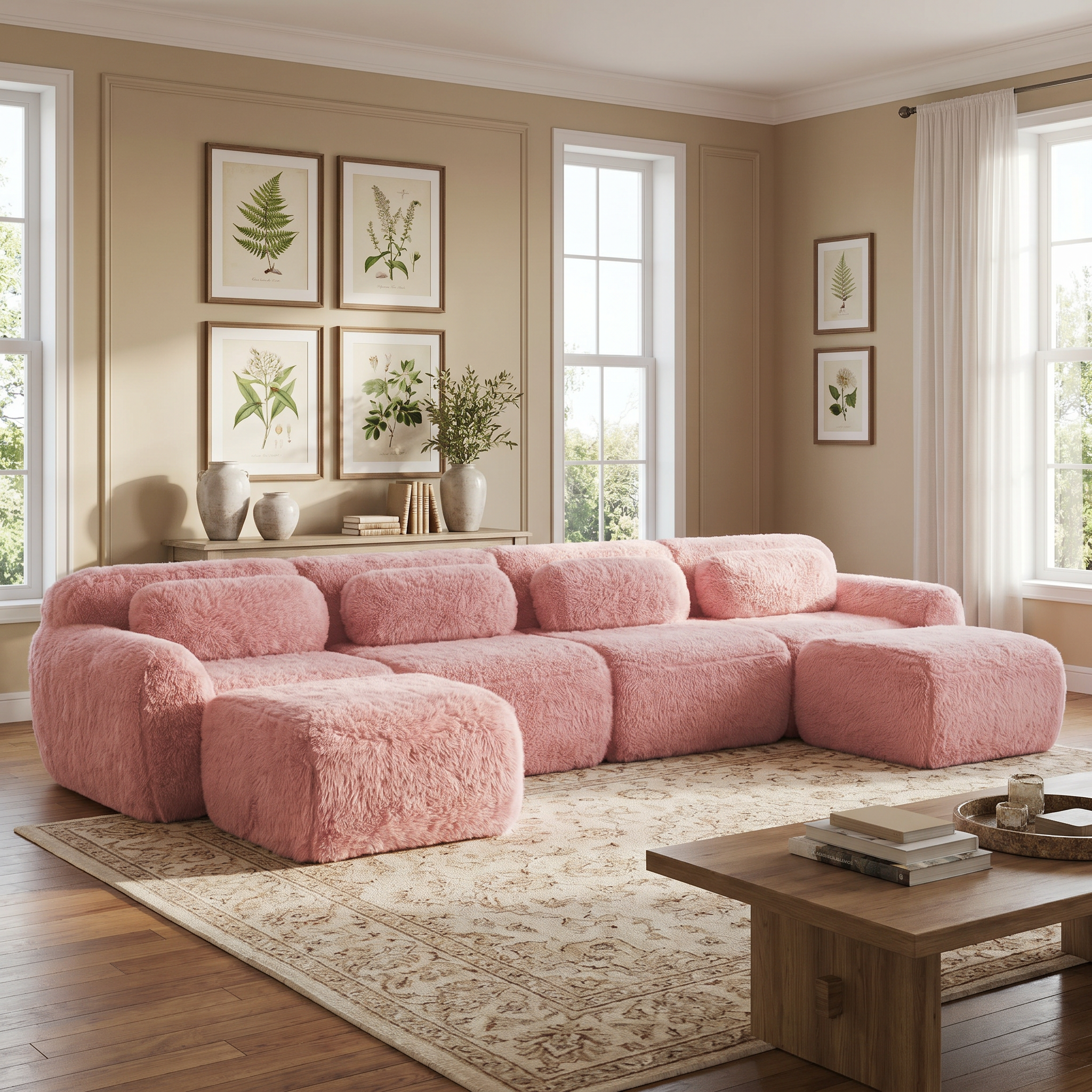 Durham pink plush U-shaped sectional sofa featured in a bright contemporary living room with cozy oversized modular seating