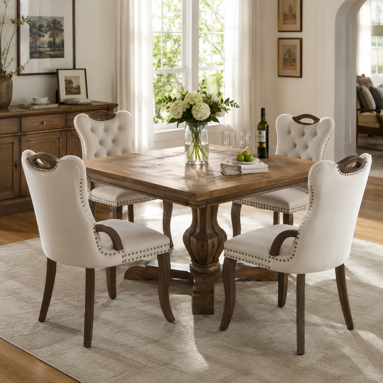 Elbe beige dining chairs showing four upholstered chairs around a rectangular dining table